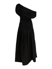 BLACK COTTON DRAPED KNIT MIDI DRESS