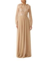 Pleated tulle long sleeve embroidered long dress
