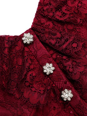 BURGUNDY OFF-SHOULDER GATHERED LACE MAXI DRESS