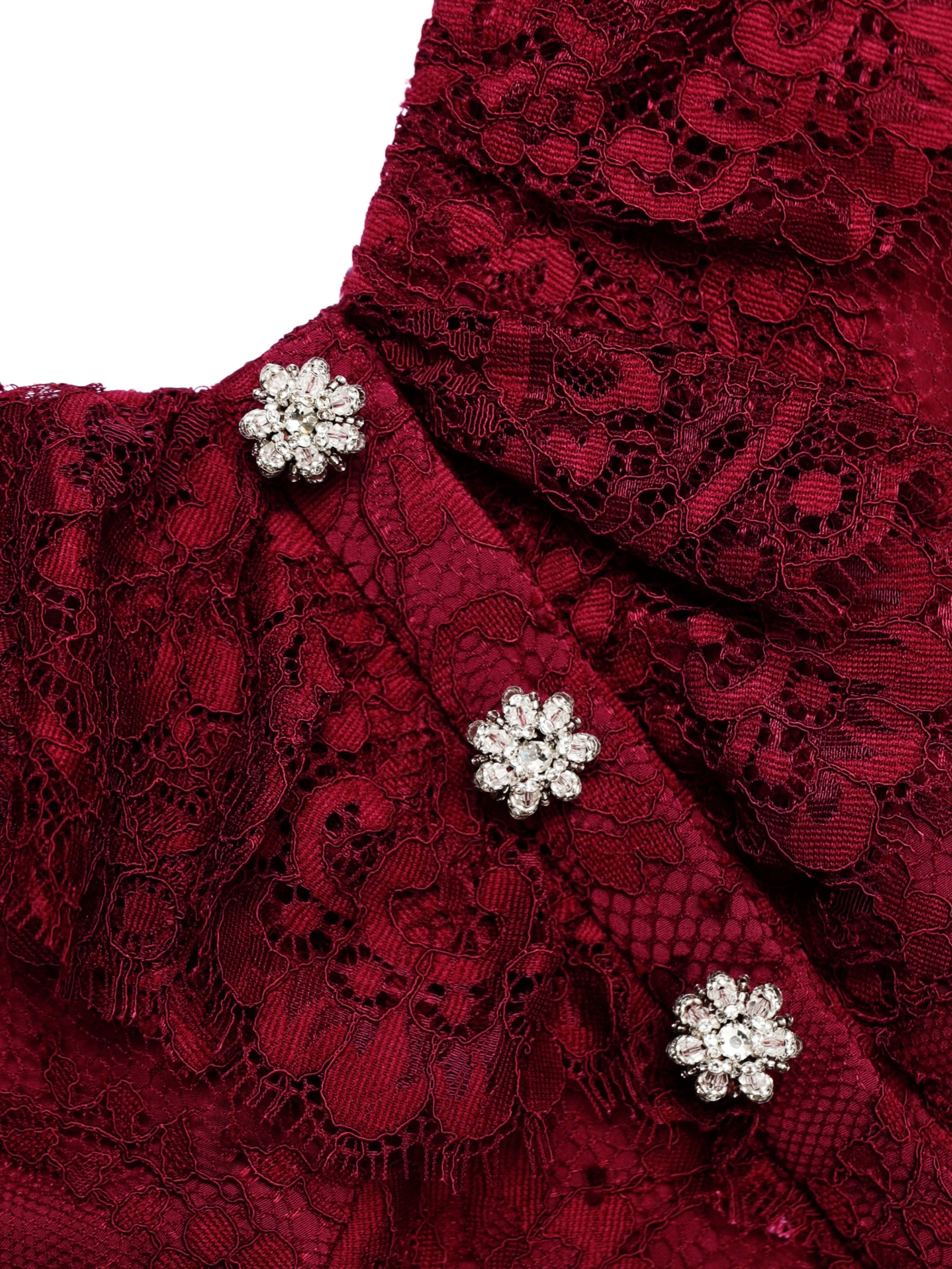 BURGUNDY OFF-SHOULDER GATHERED LACE MAXI DRESS