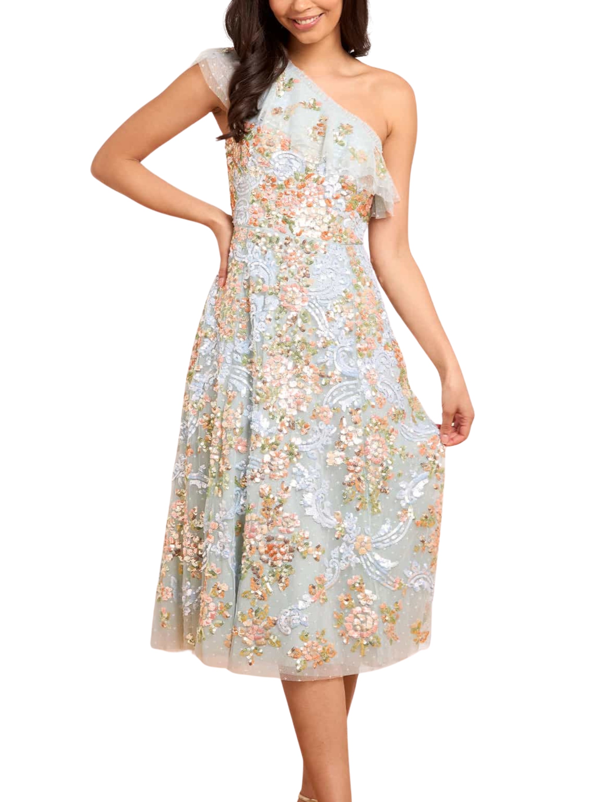 BAROQUE FLORAL ONE-SHOULDER MIDAXI DRESS
