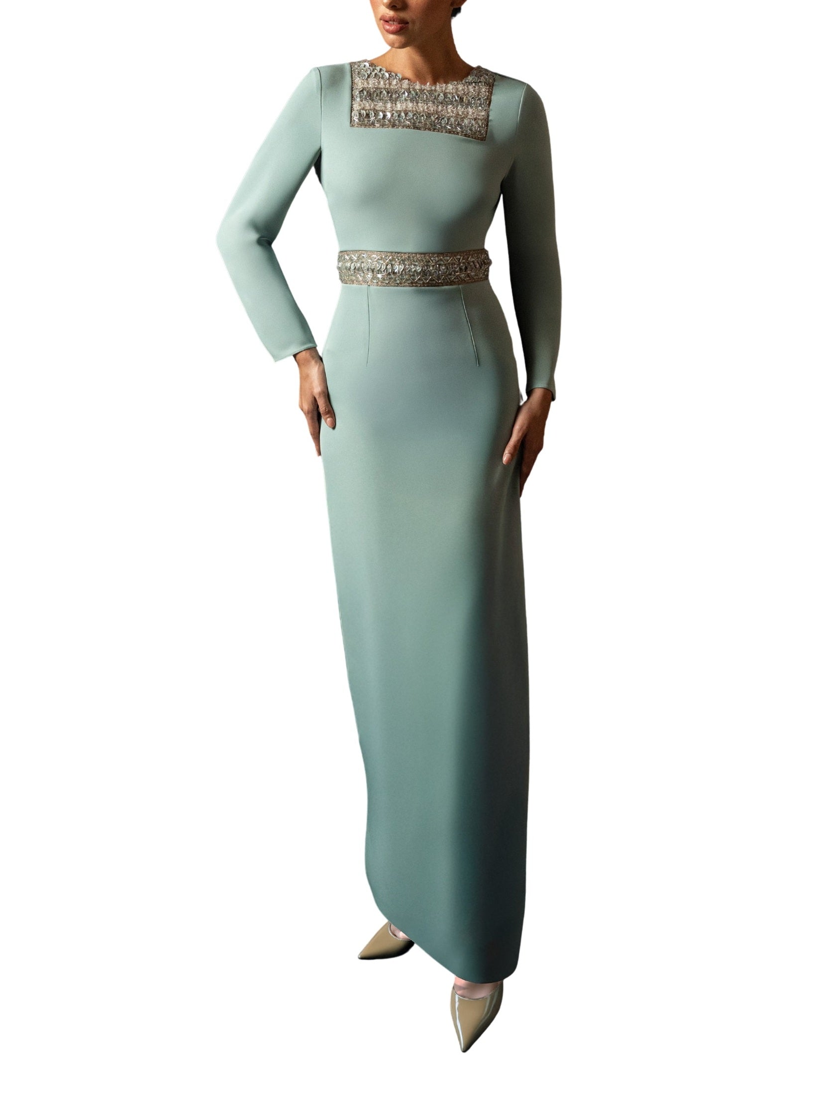 Hand embroiderd chest long sleeves off shoulder dress full cover modest dress fish cut
