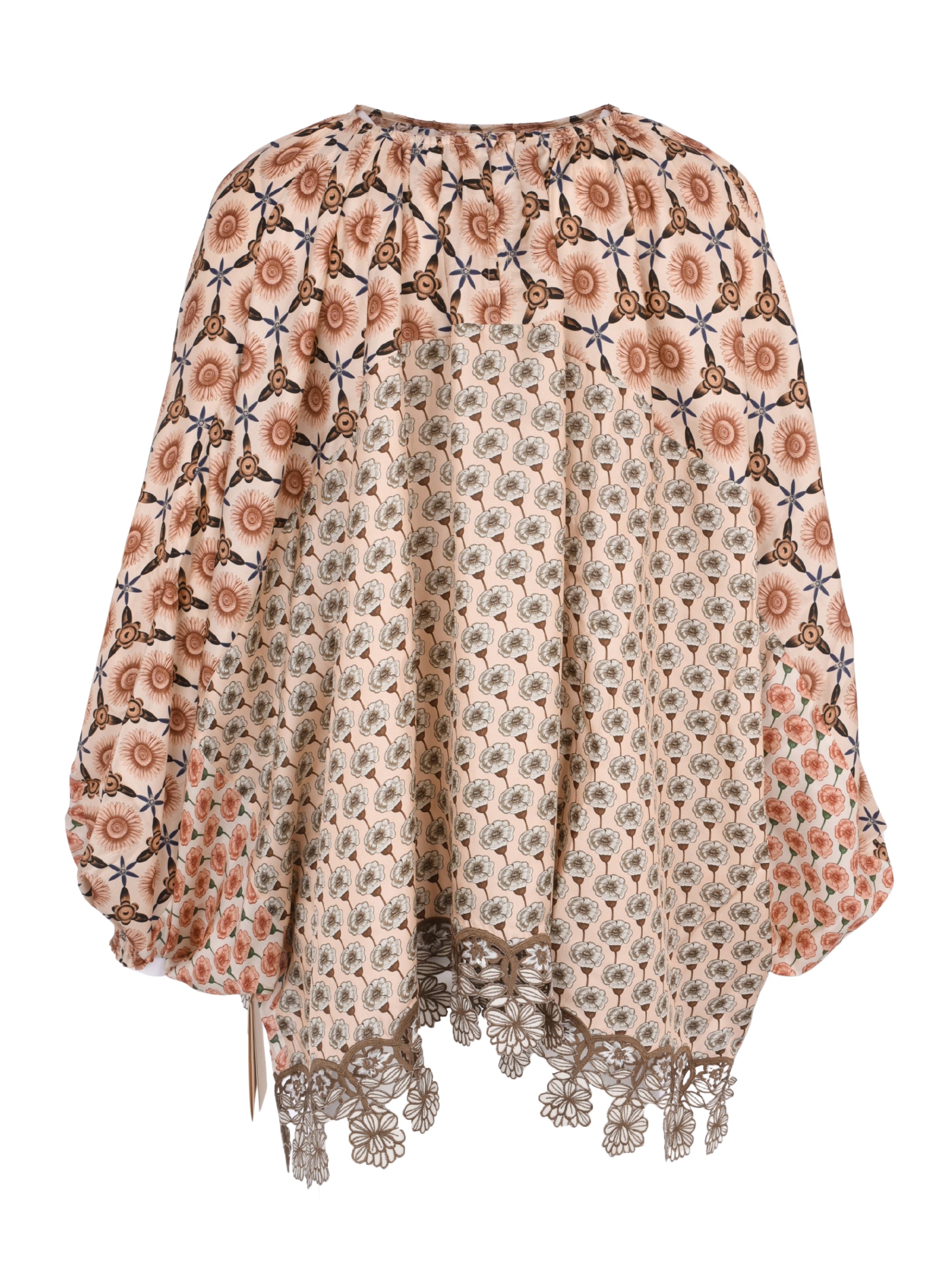Sai embroidered hemline mix twill silk print cape louse