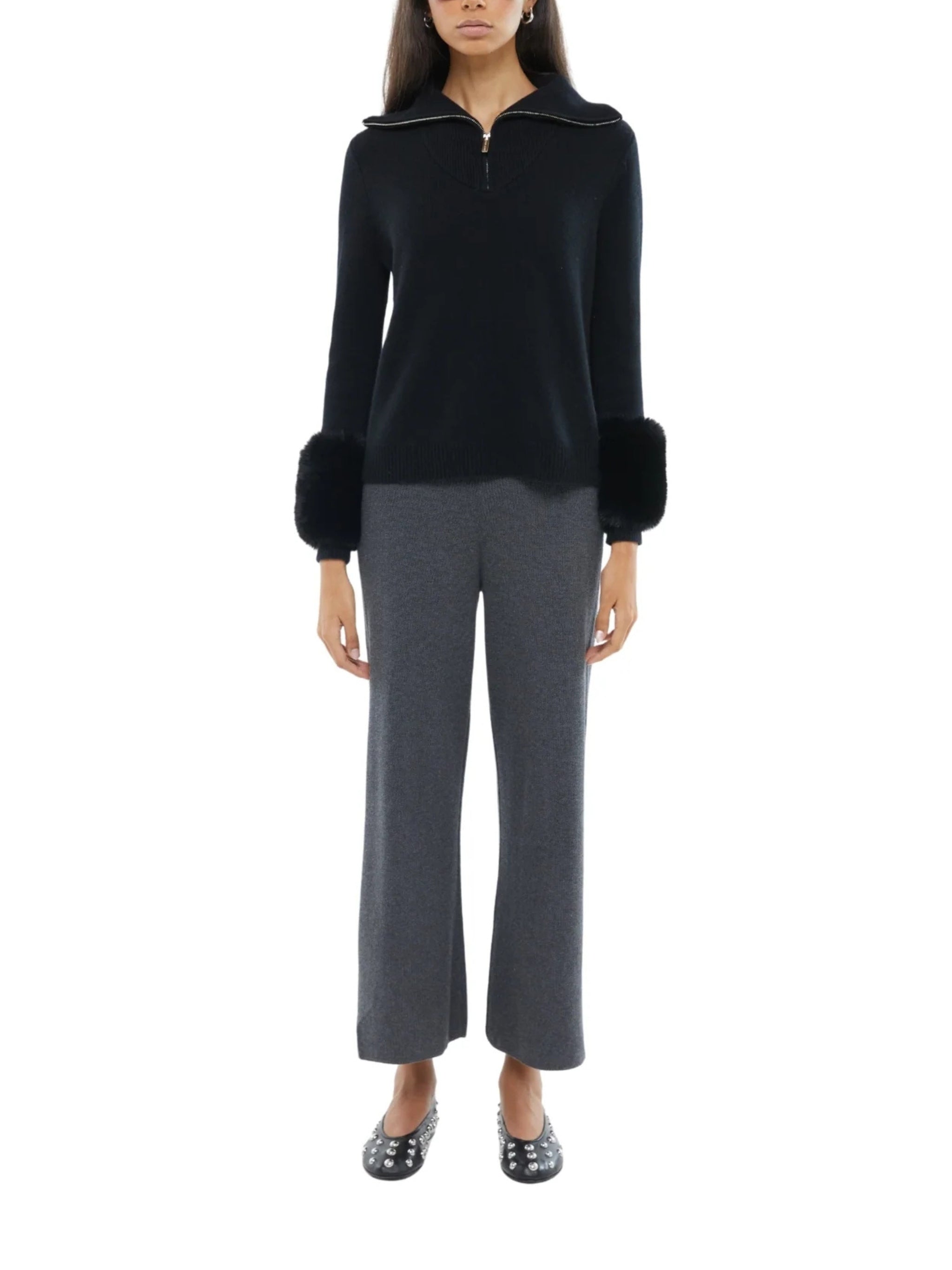 THE ZIP UP FAUX CUFF SWEATER IN BLACK