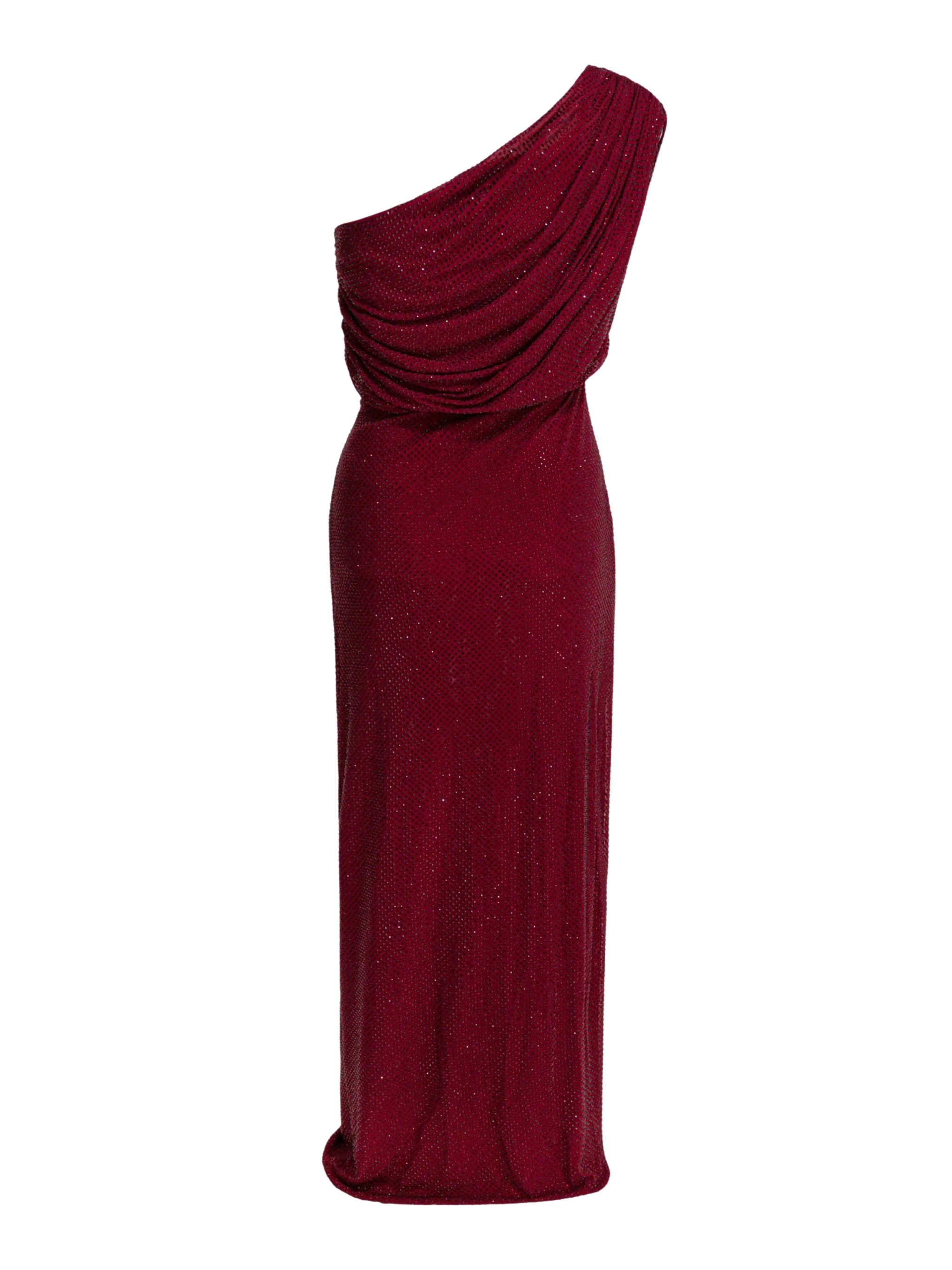 BURGUNDY RHINESTONE DRAPE MIDI DRESS