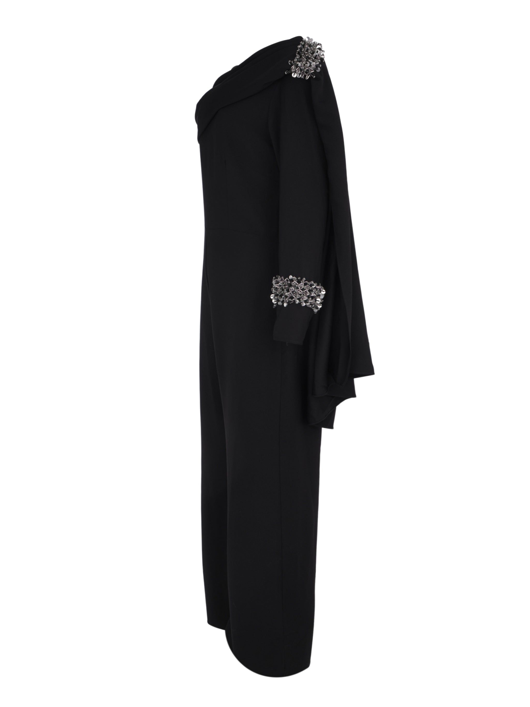 Hand embroiderd nlack cape on one side chest and sleeve   one long sleeves  cape and jumpsuit