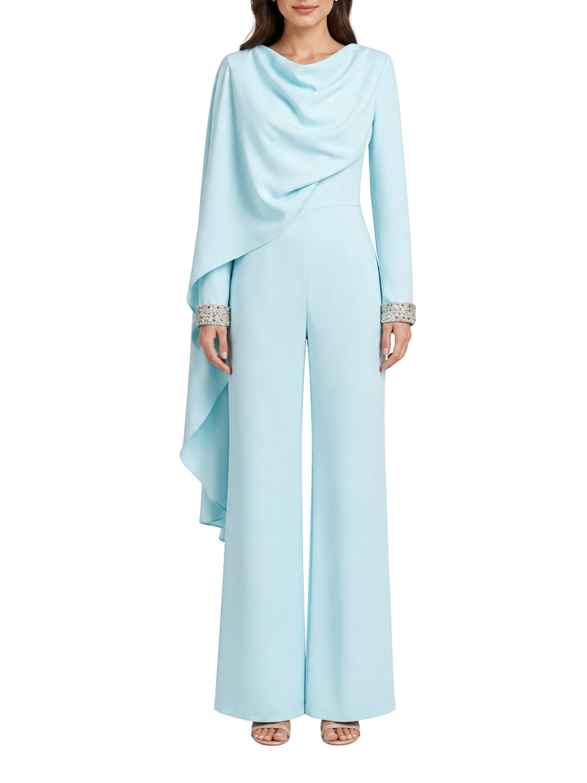 Crep blue jump suit with attached cape and embroidery on sleeve silver