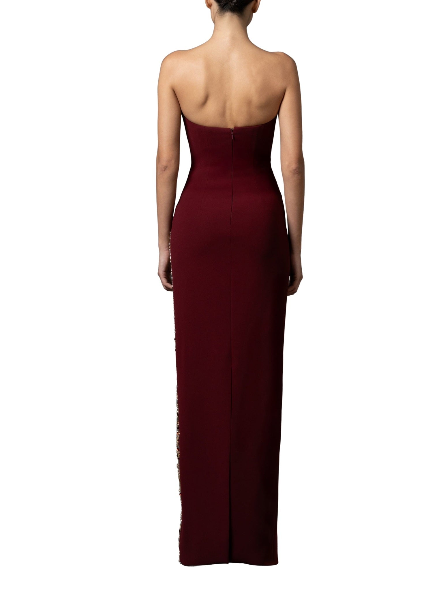 Strapless dress with side slit crystal embroidery