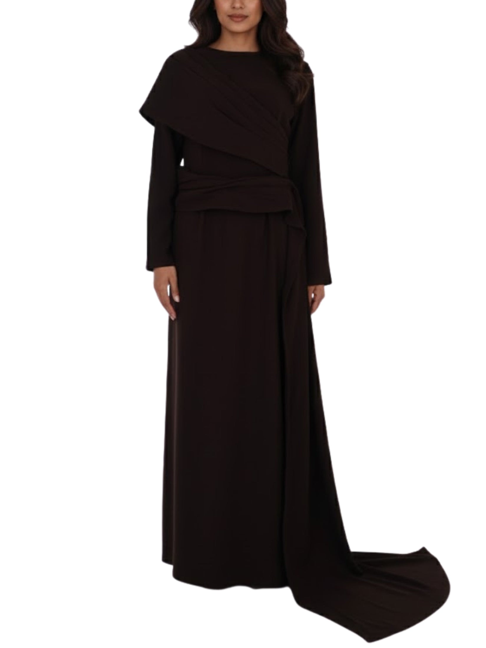 Long sleeves dress straight cut with pleated rap around shoulder