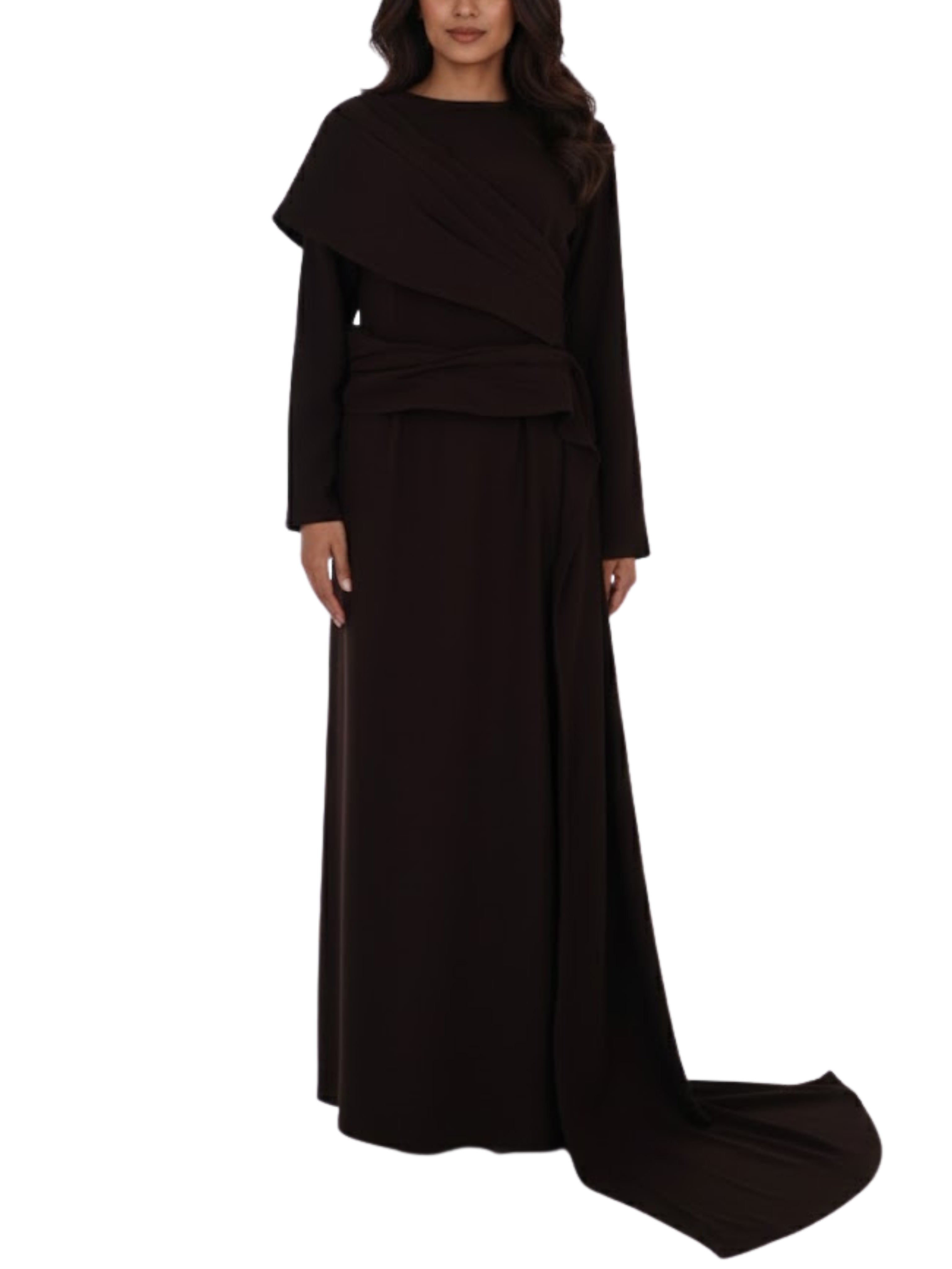 Long Sleeves Dress Straight Cut With Pleated Rap Around Shoulder