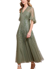 DAPPLED SEQUIN CAPE ANKLE GOWN
