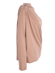 RIBBED COTTON LONG SLEEVE DRAPED T-SHIRT WITH PIERCING DETAI