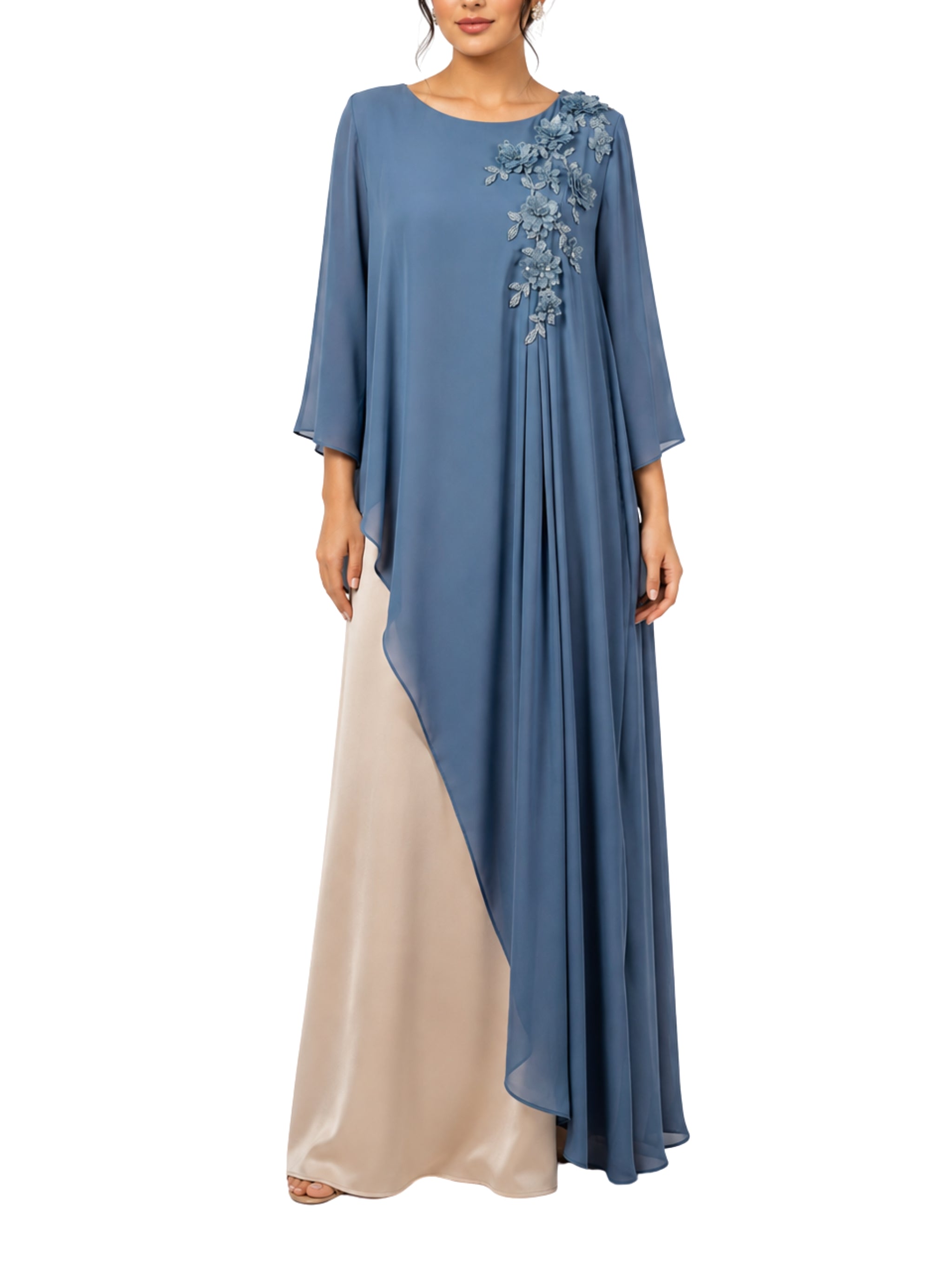 Blue-Beige Hand-Embroidered Pleated Shoulder Modest Dress