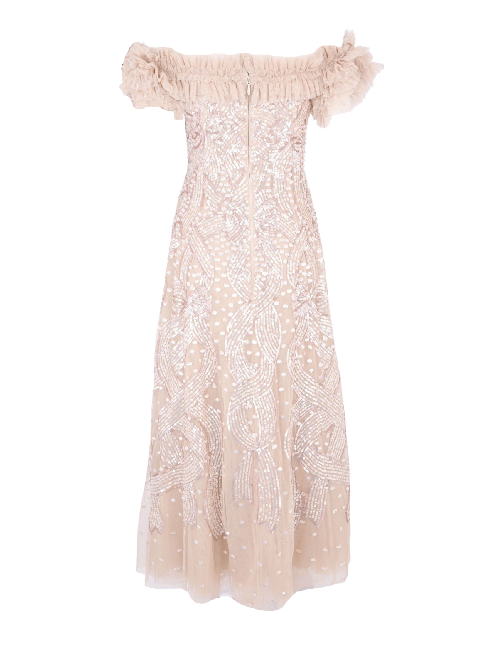 Sequin ribbon off-shoulder ankle gown