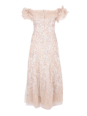 SEQUIN RIBBON OFF-SHOULDER ANKLE GOWN