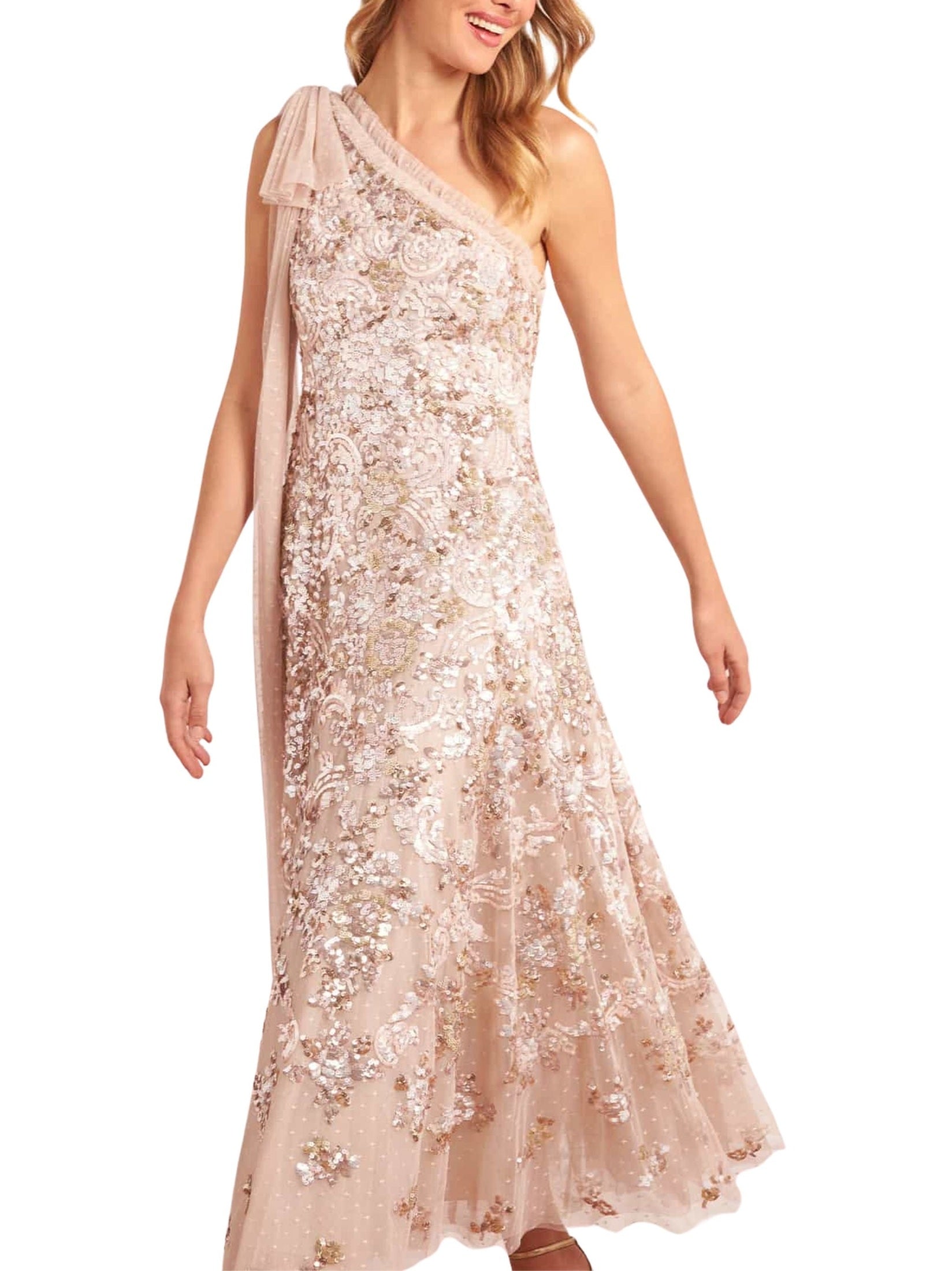 Baroque floral one-shoulder bow ankle gown