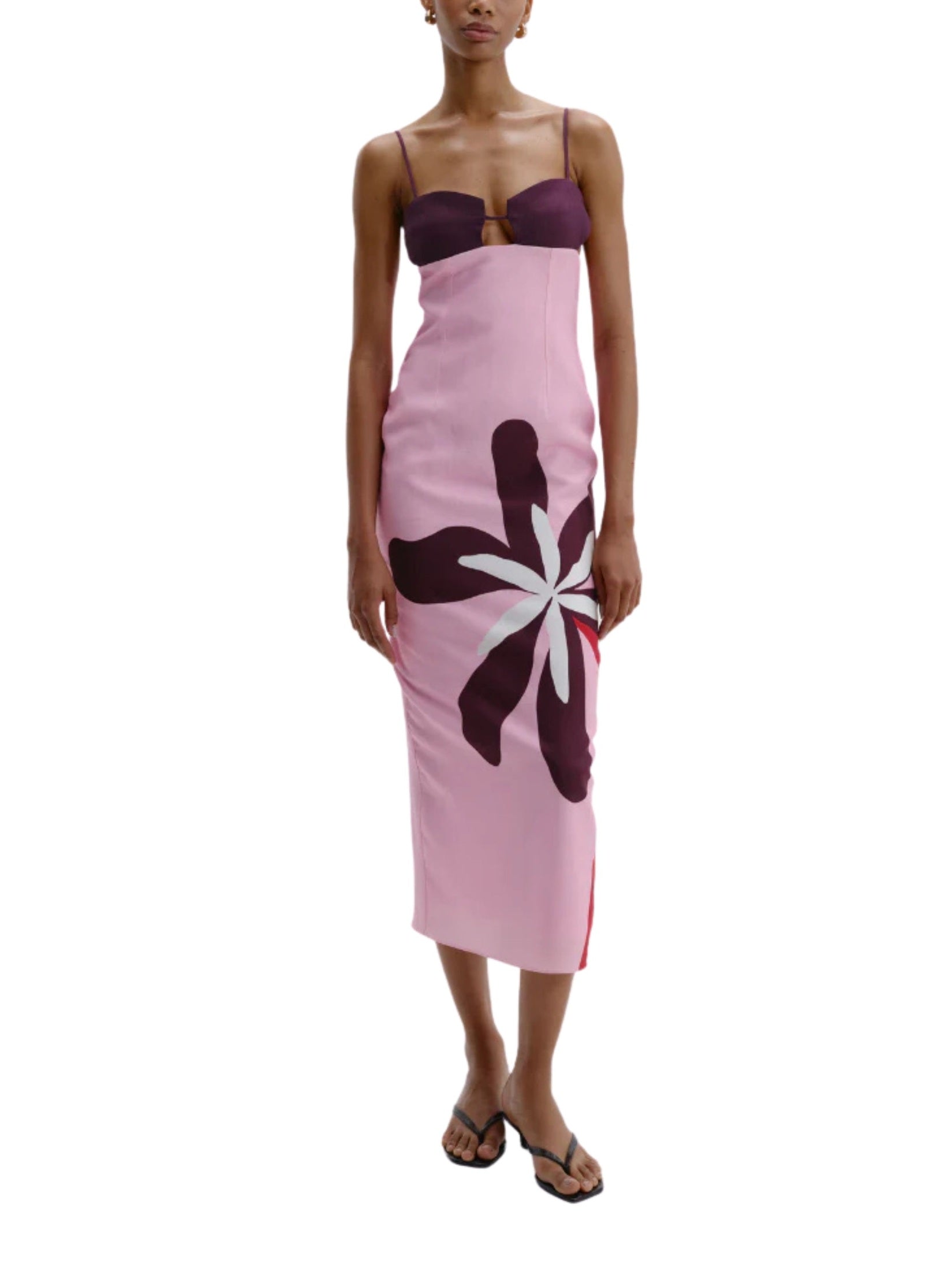 Fitted bodice midi dress featuring a straight skirt and thin straps