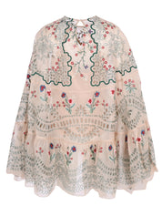 Slenda embroidered organza silk cloak blouse with back gathered peplum