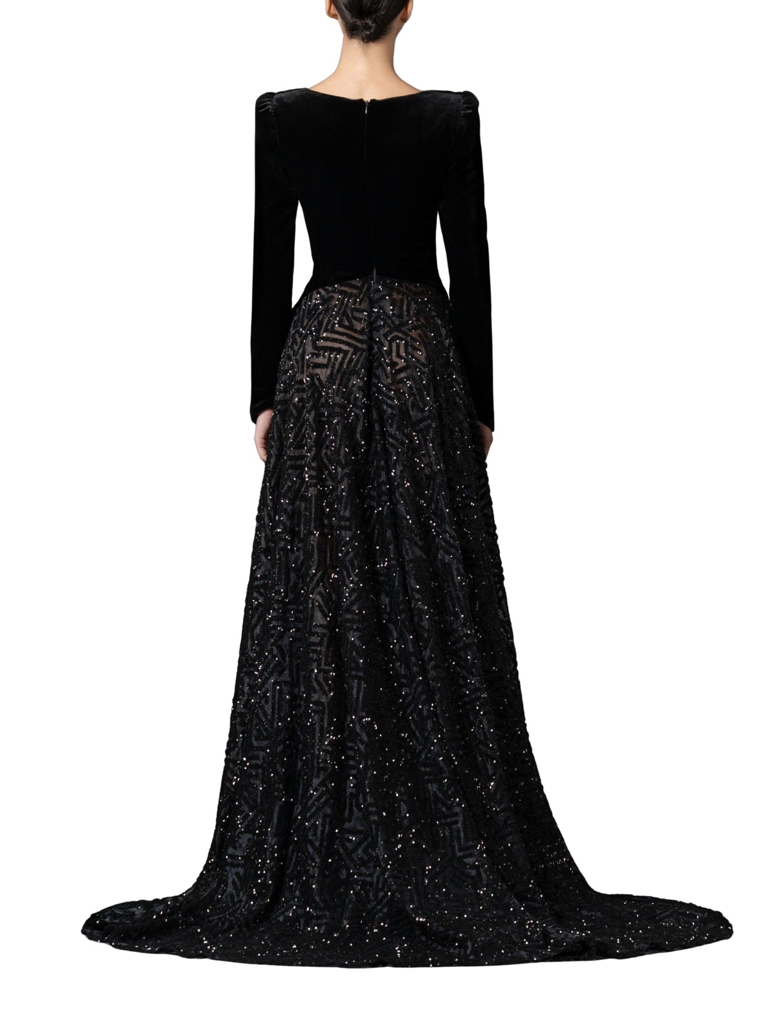 Velvet dress with a structured sweetheart bodice