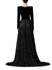 Velvet dress with a structured sweetheart bodice