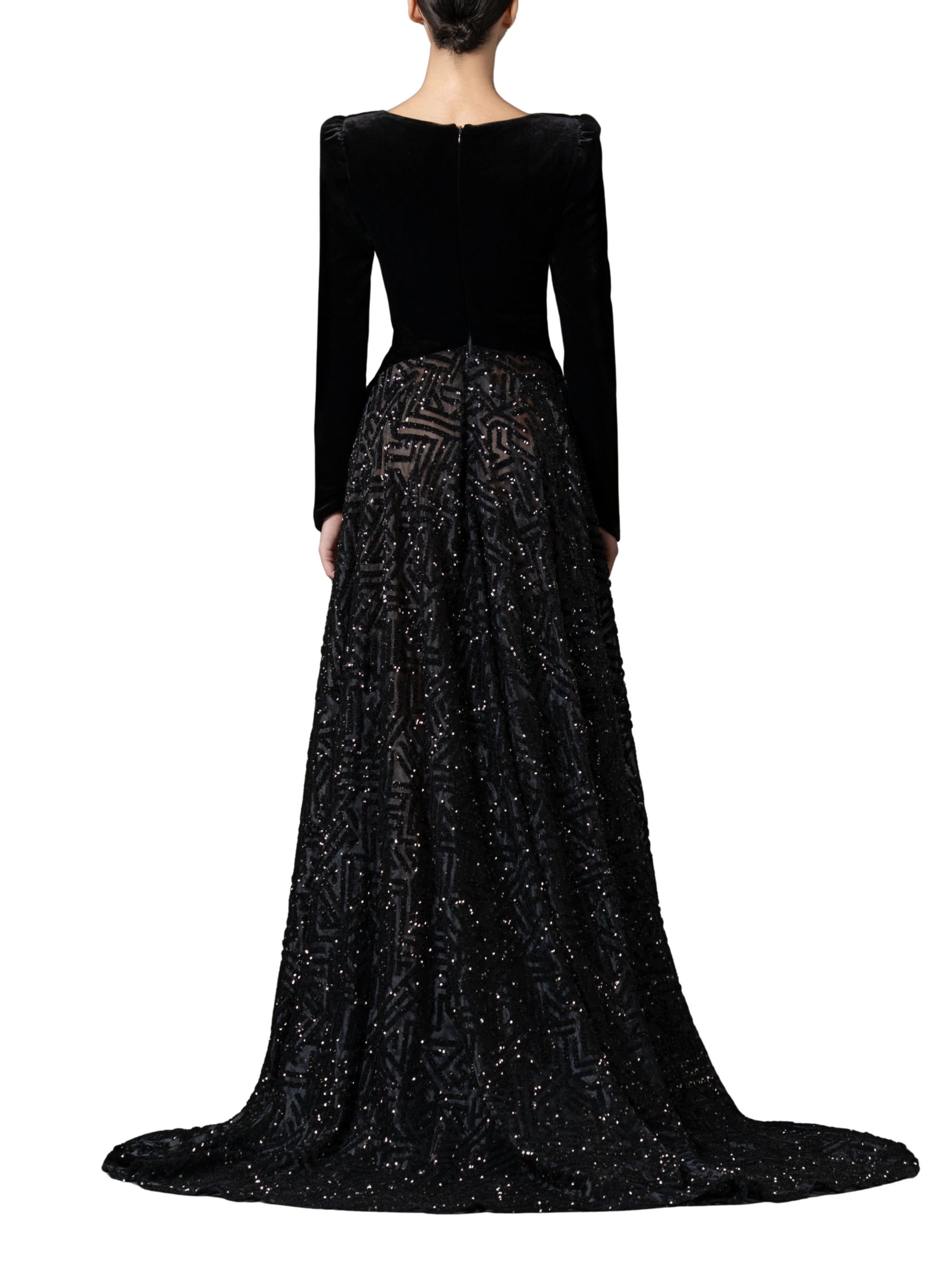 Velvet dress with a structured sweetheart bodice
