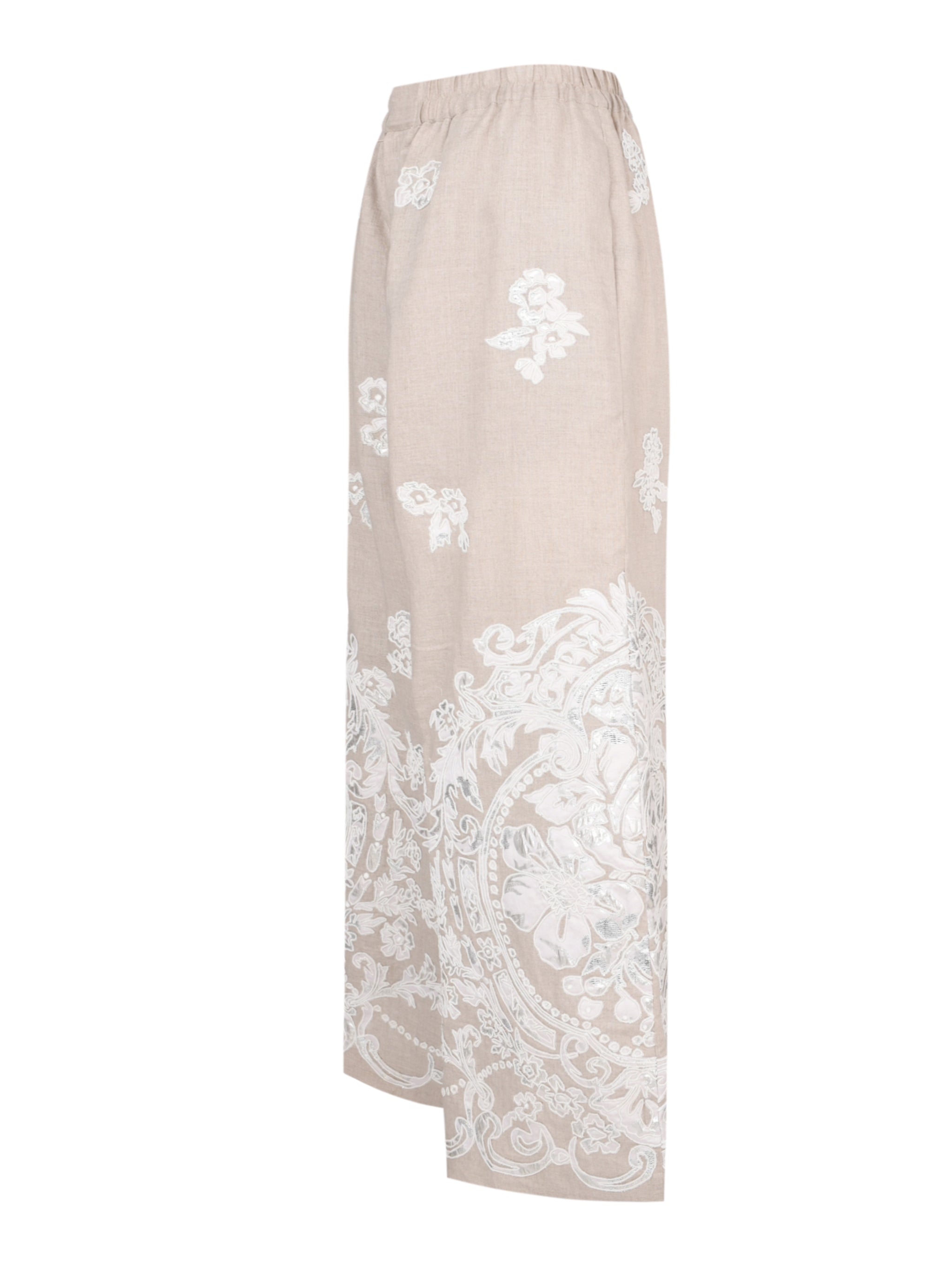 Perle full elastic waistband linen wide leg long pant with cord lame jacquard embroidery applique