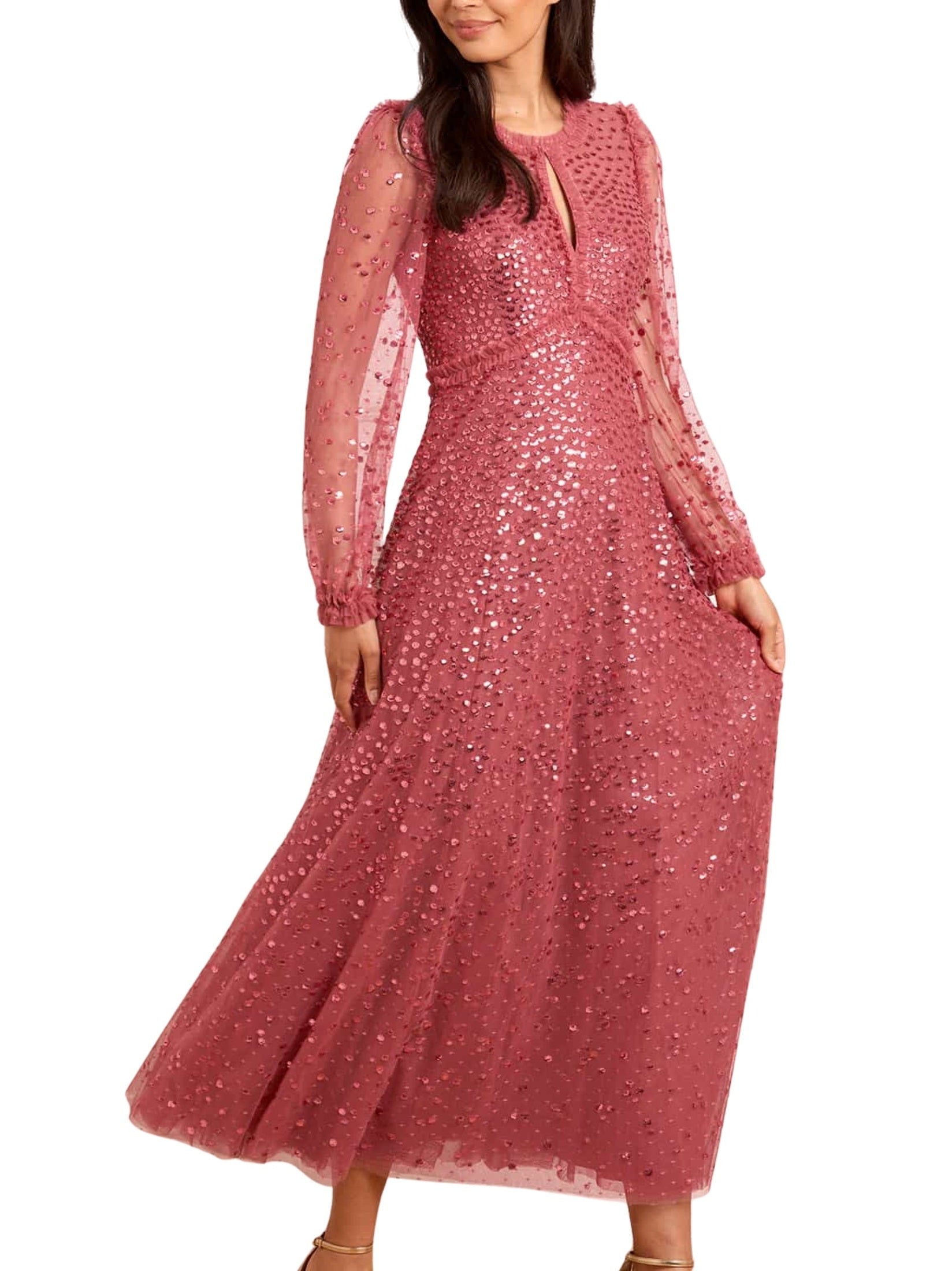 Dappled sequin long sleeve ankle gown