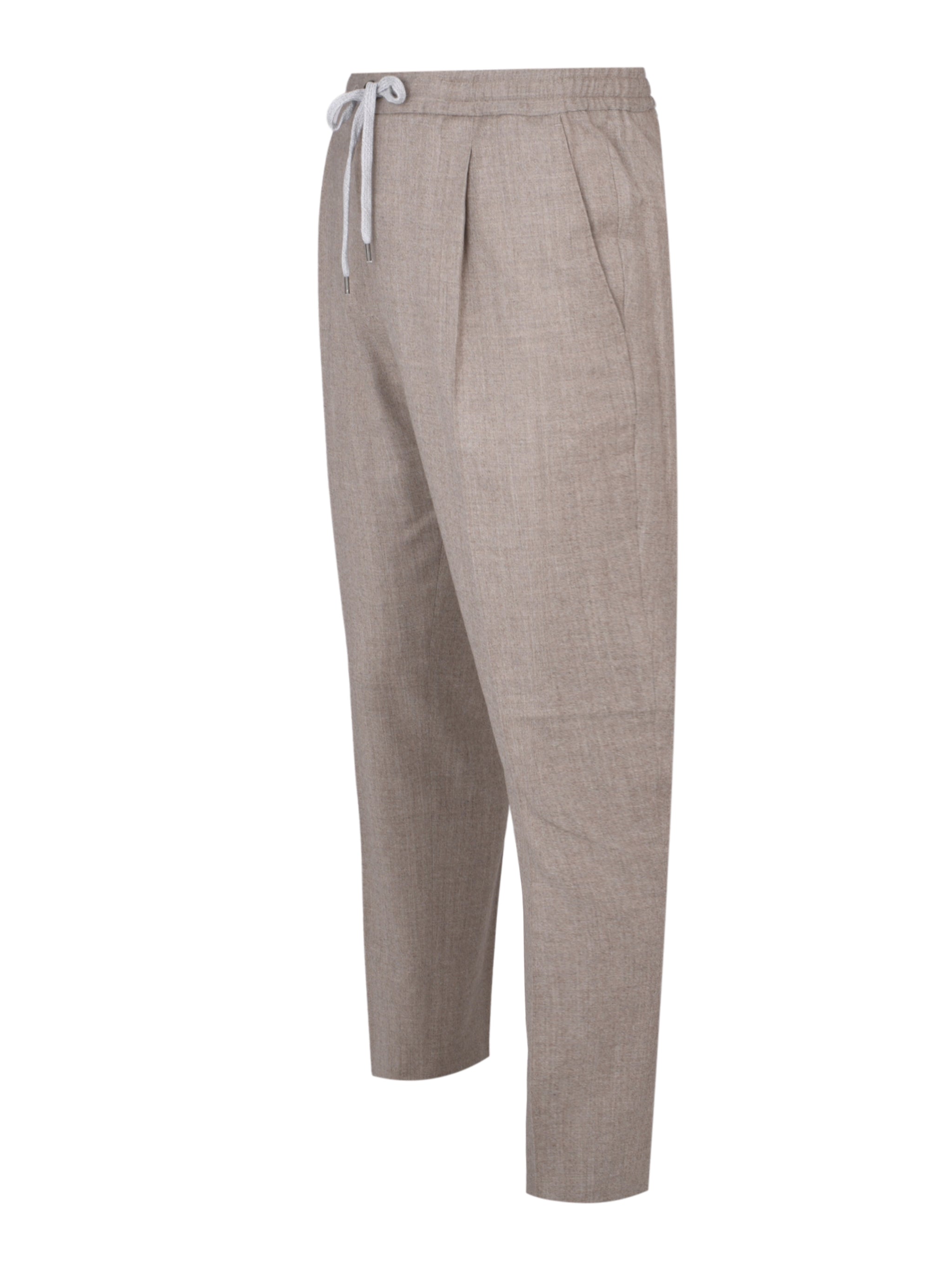 Pantalone soft 1 pleats diagonal pkts zipped back pkts leather det elastic w.band ext drawstr finis b.