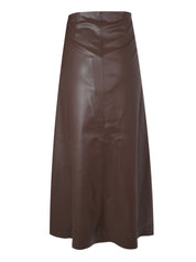 BROWN VEGAN LEATHER BUTTON-DETAIL MIDI SKIRT