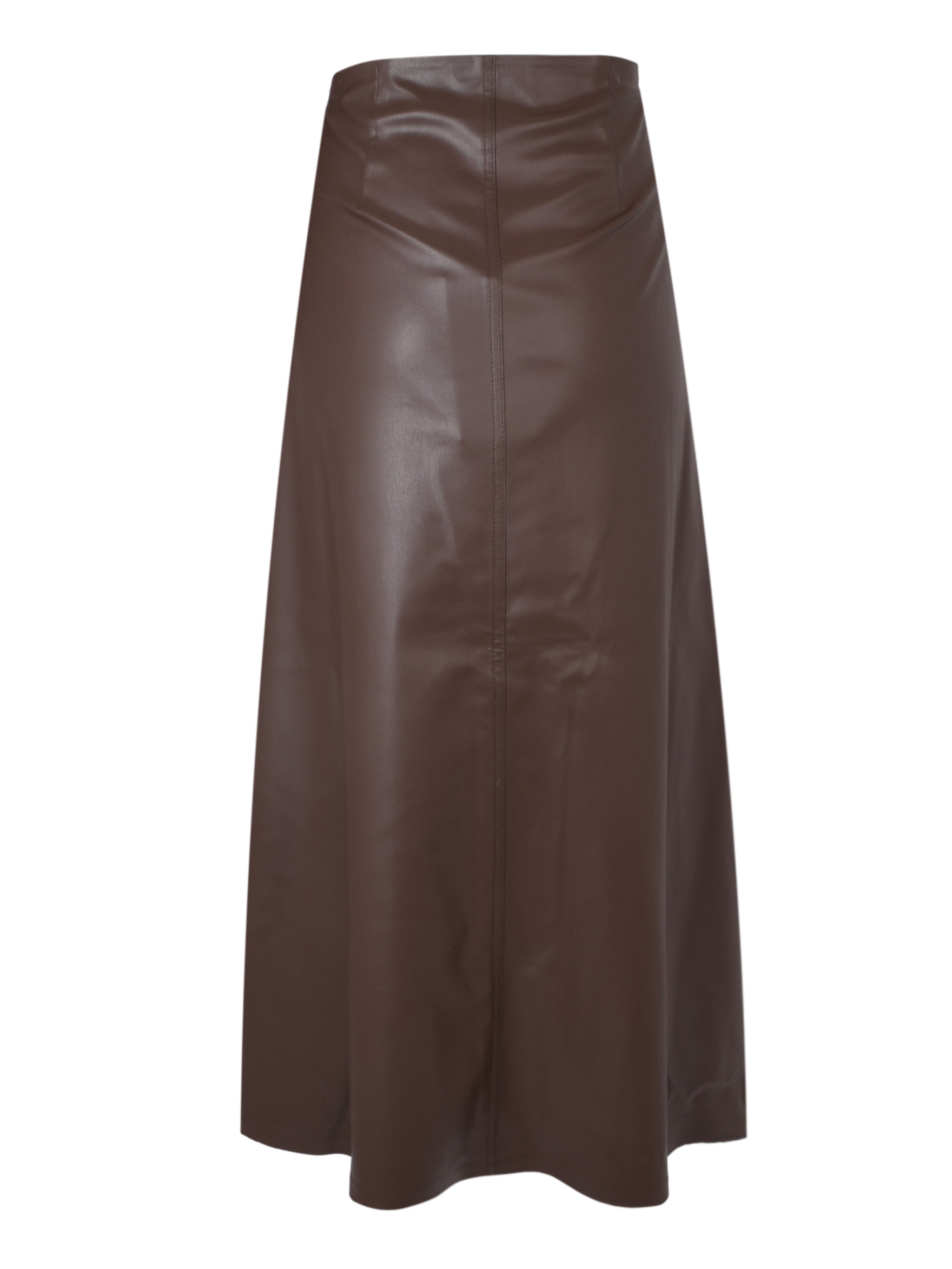 BROWN VEGAN LEATHER BUTTON-DETAIL MIDI SKIRT