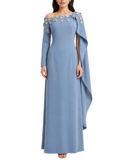 Blue Hand-Embroidered Asymmetric Cape Modest Dress
