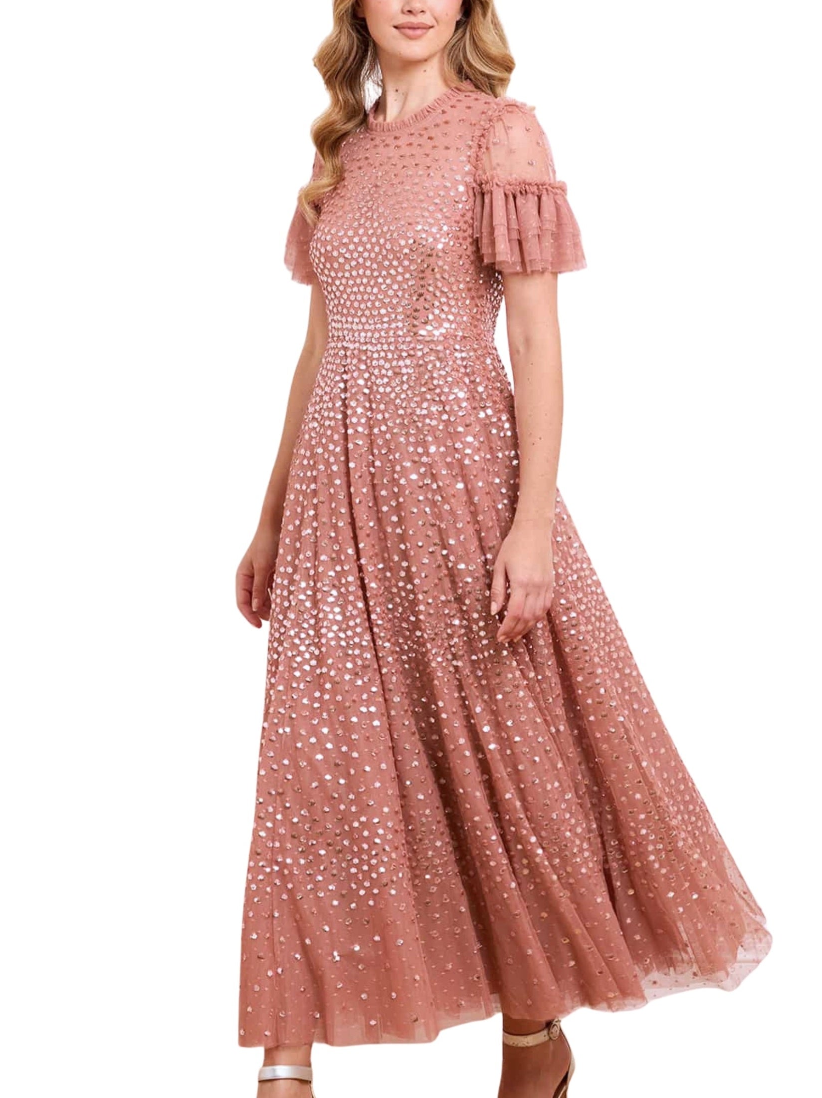 Scatter dot round neck short sleeve ankle gown