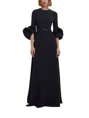 BELEN LONG SLEEVE A-LINE GOWN WITH RUFFLE SLEEVE DETAIL