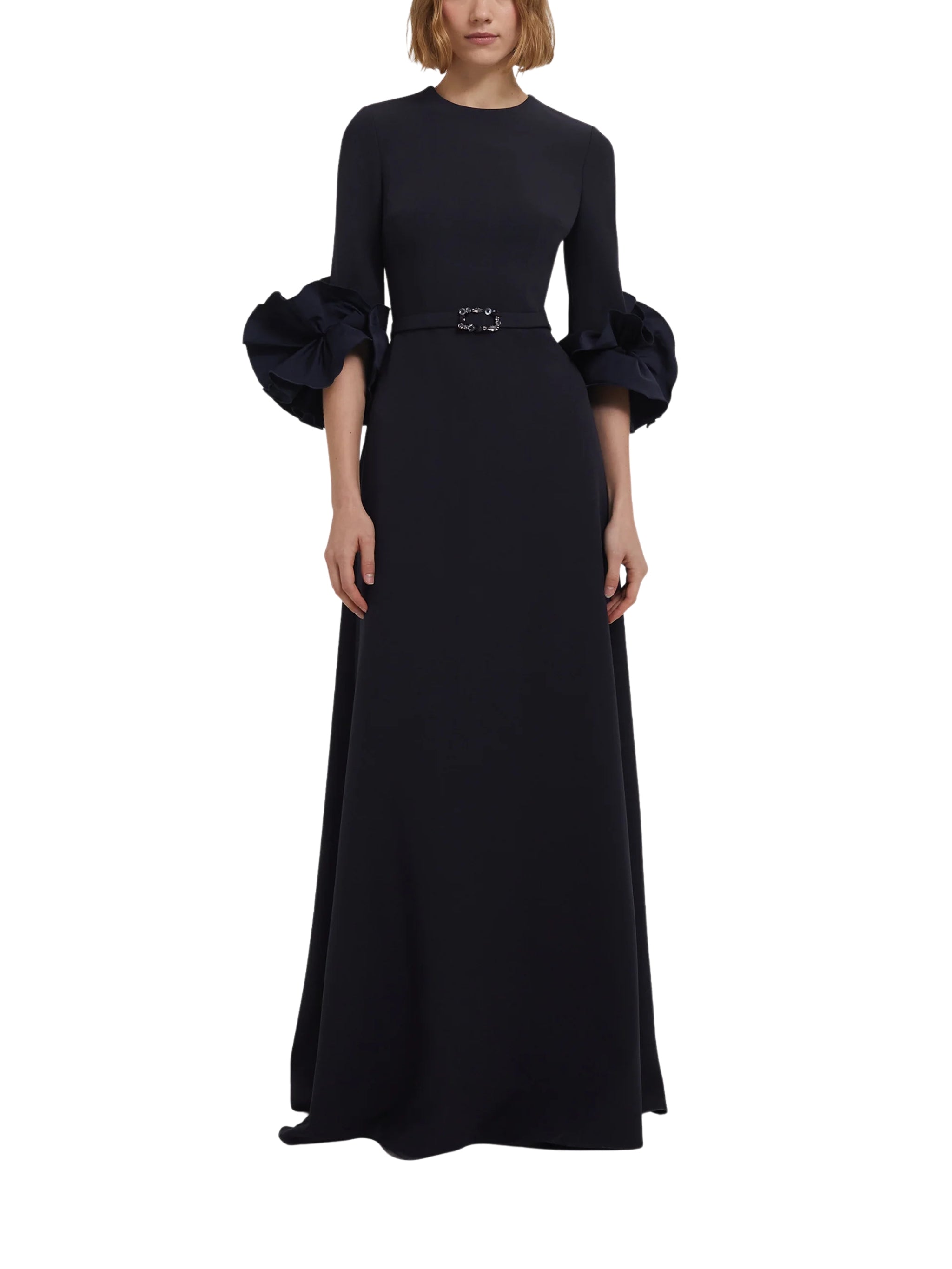 BELEN LONG SLEEVE A-LINE GOWN WITH RUFFLE SLEEVE DETAIL