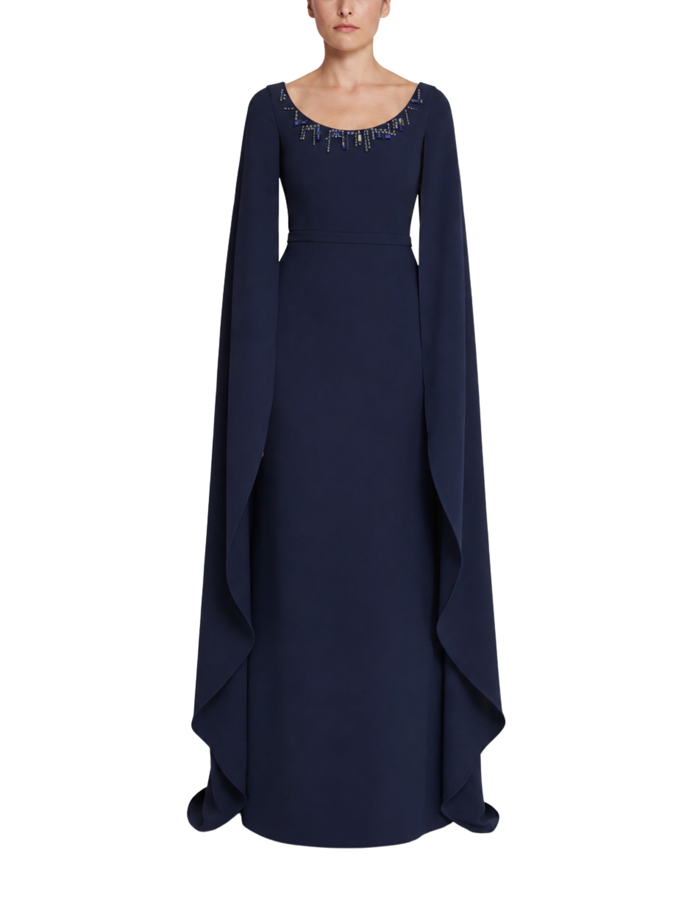 Column gown with cape sleeves