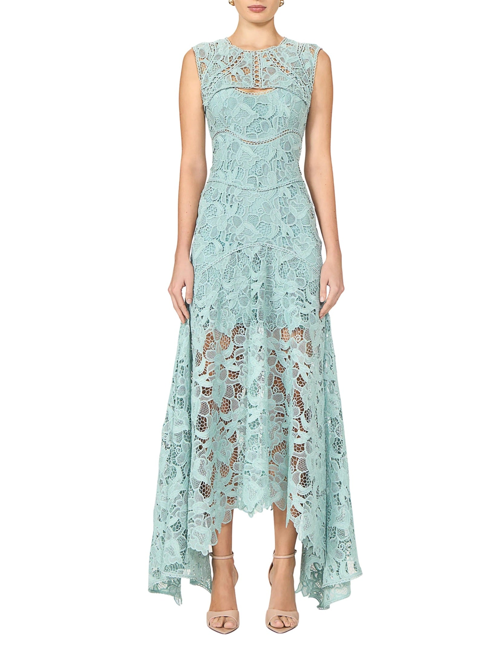 Guipure lace handkrchief dress keyhole neck
