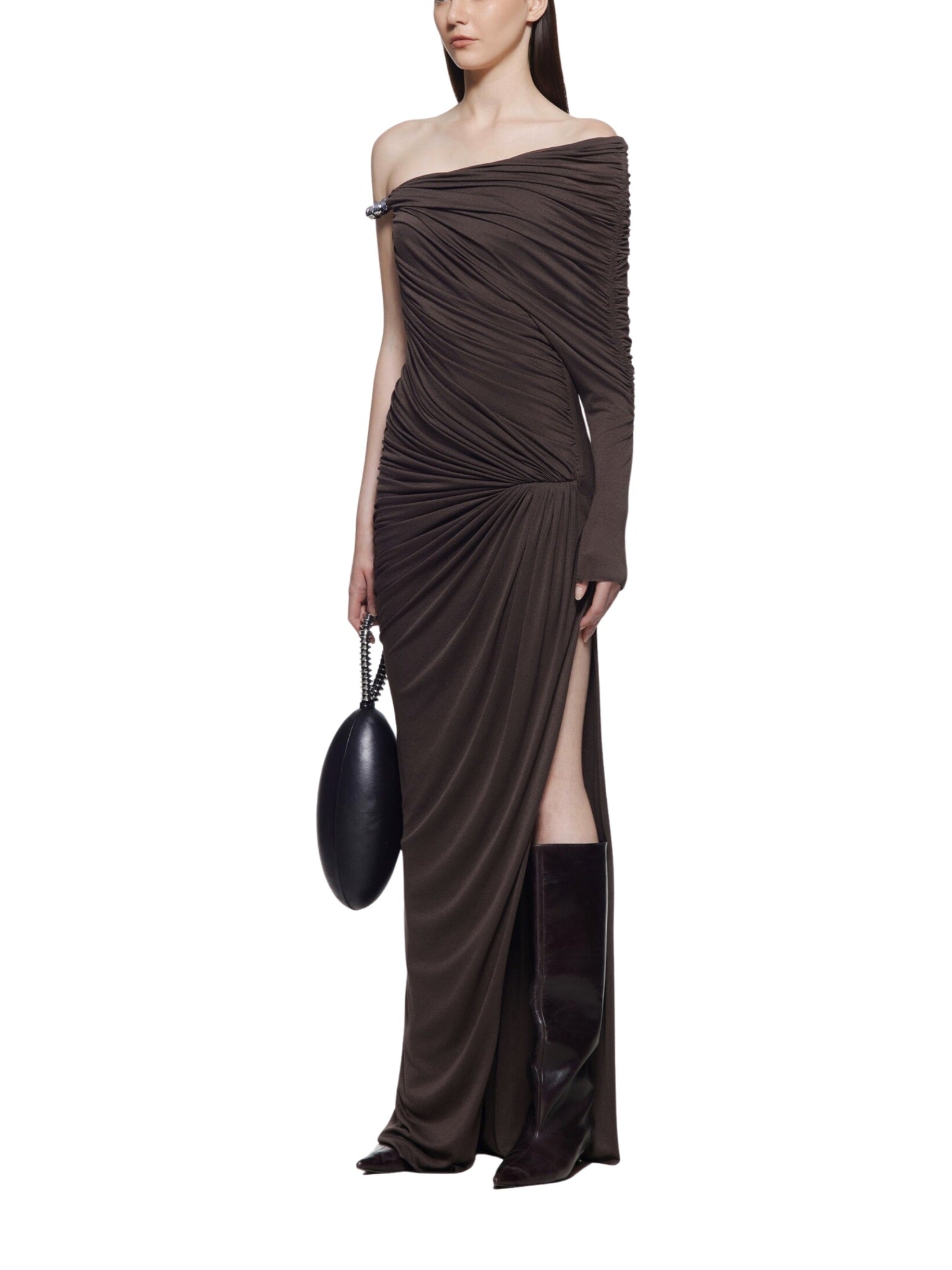 Off-shoulder dress with asymmetrical ruching and signature