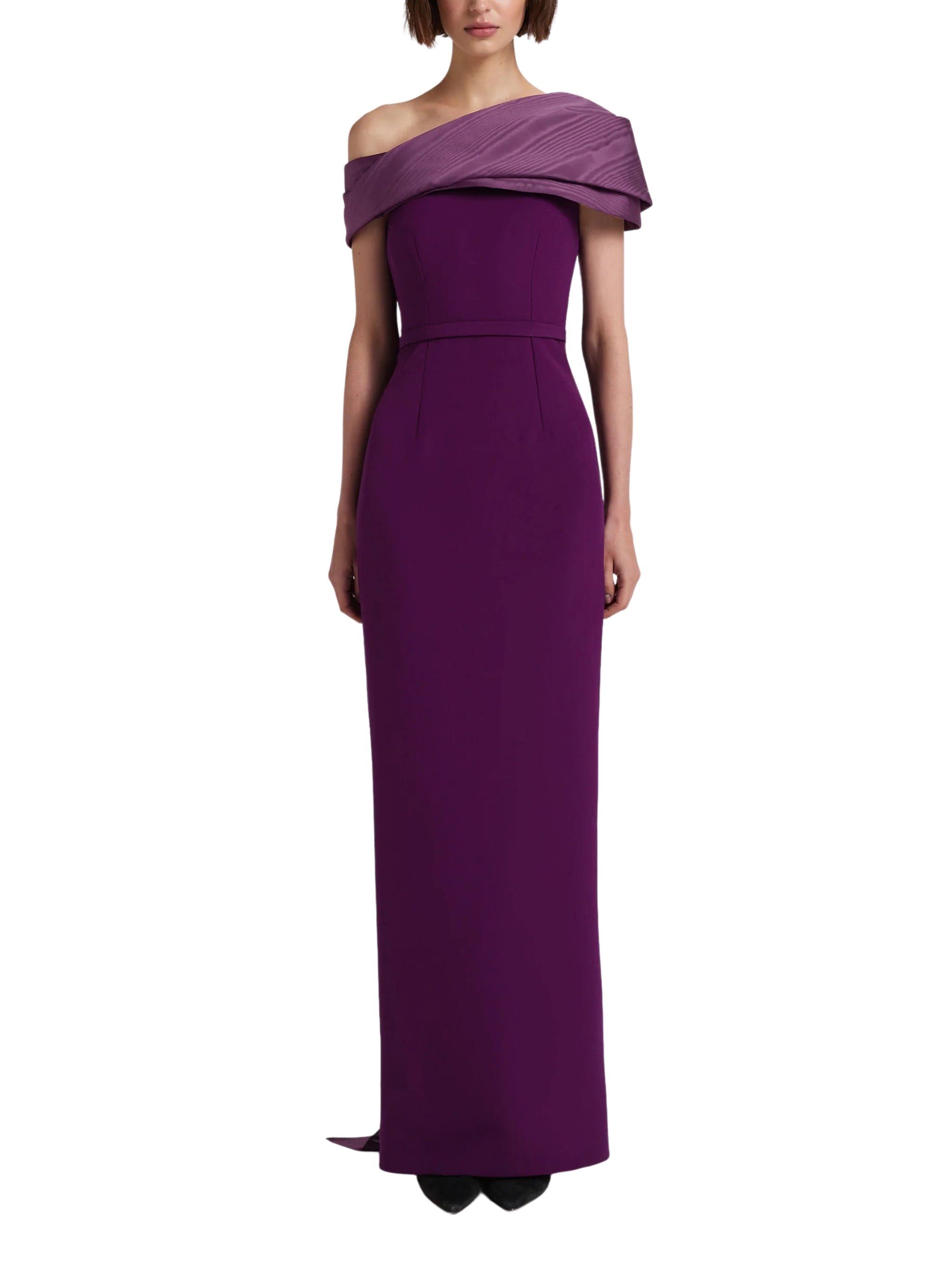 Asymmetric gown with contrast bust detail and sash