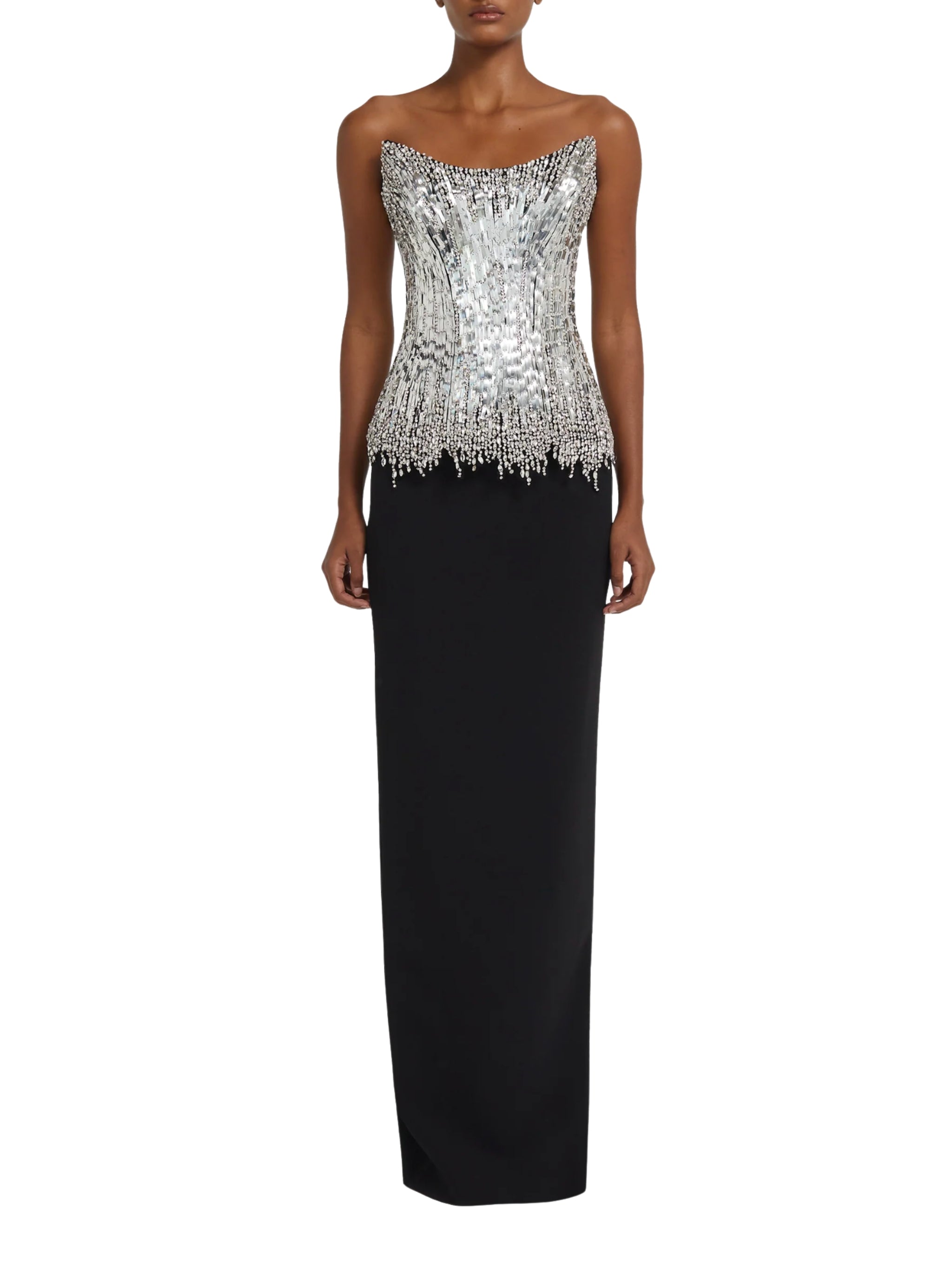 Column gown with striking corset-style bustier