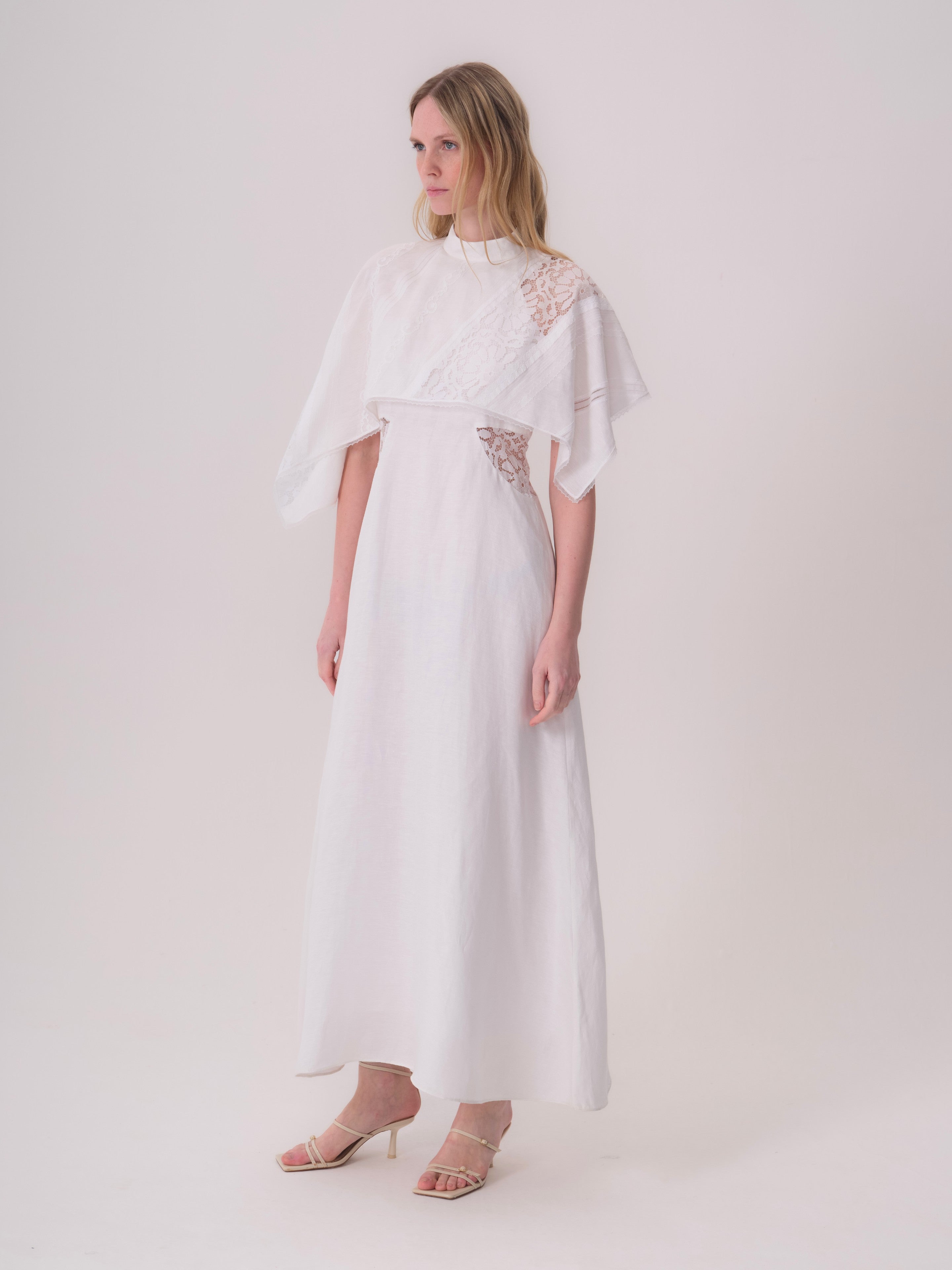White Linen Dress with Lace Details