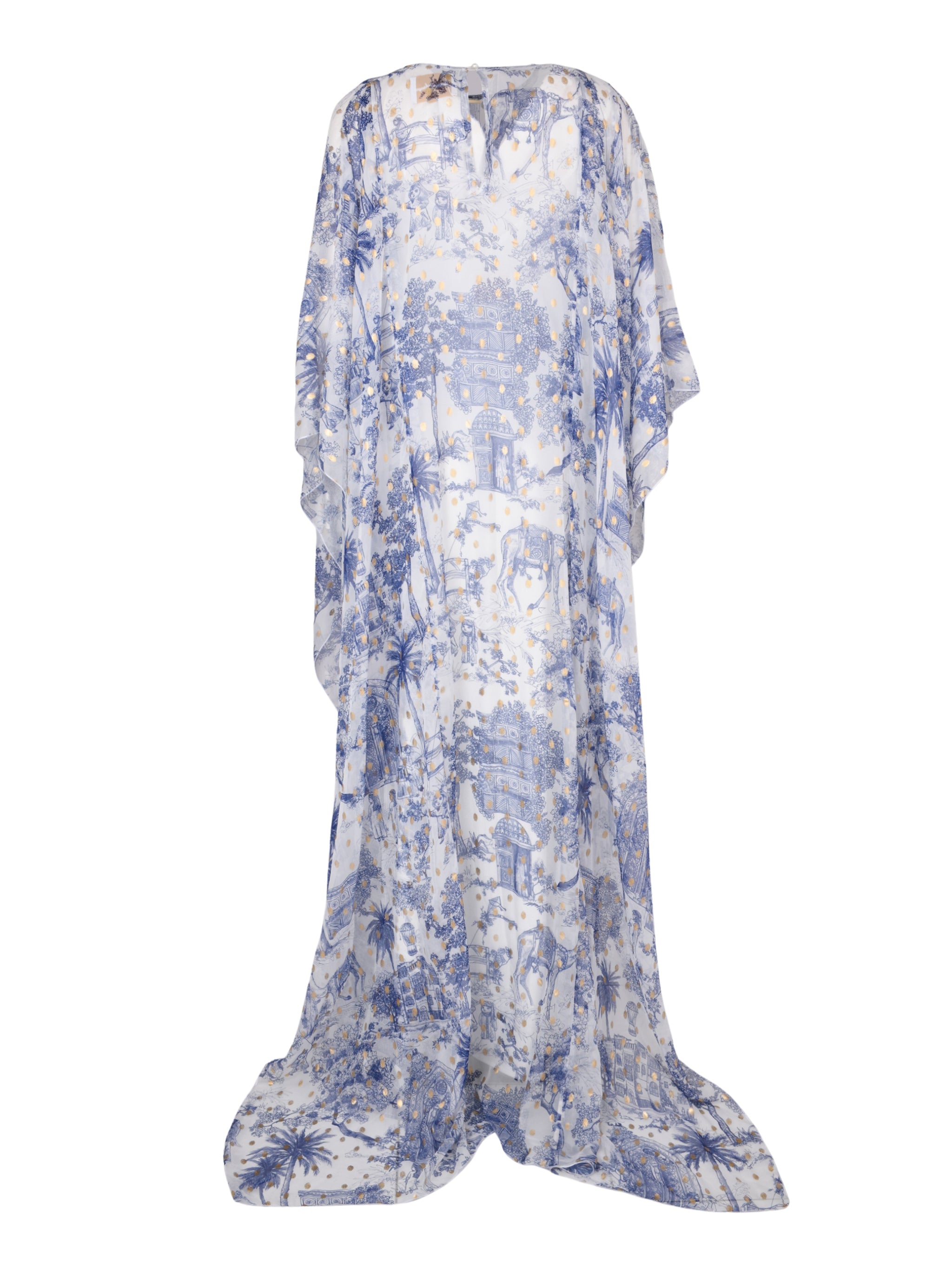 Blue toile de jeddah patterned chiffon caftan