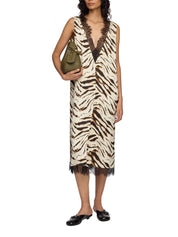 Printed stretch satin v-neck midi dress
