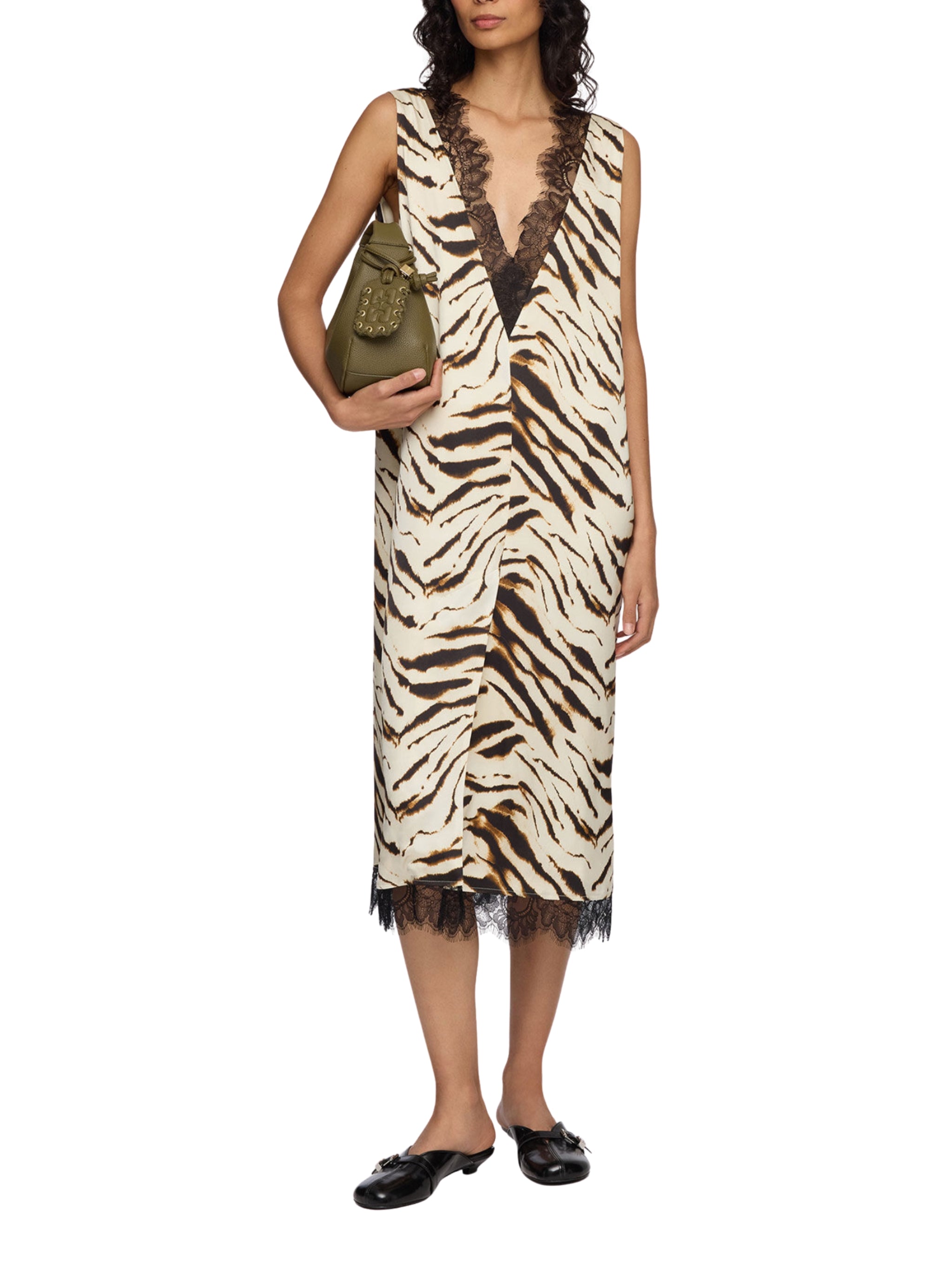 Printed stretch satin v-neck midi dress