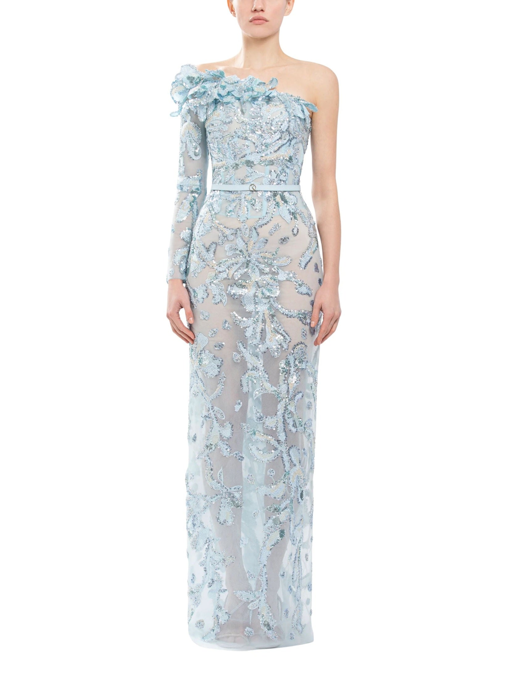 One-shoulder embroidered tulle dress