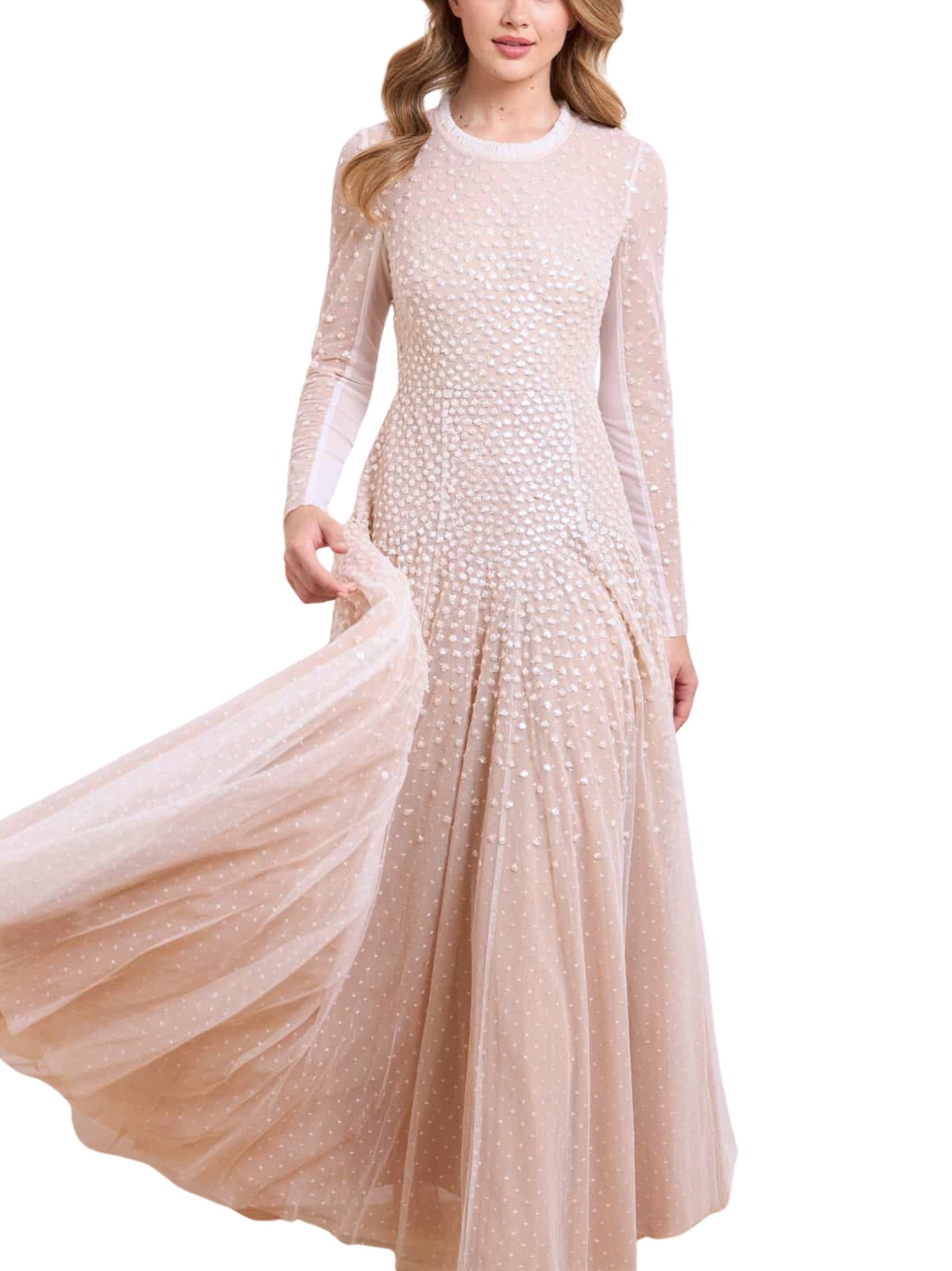 Sequin cascade round neck gown