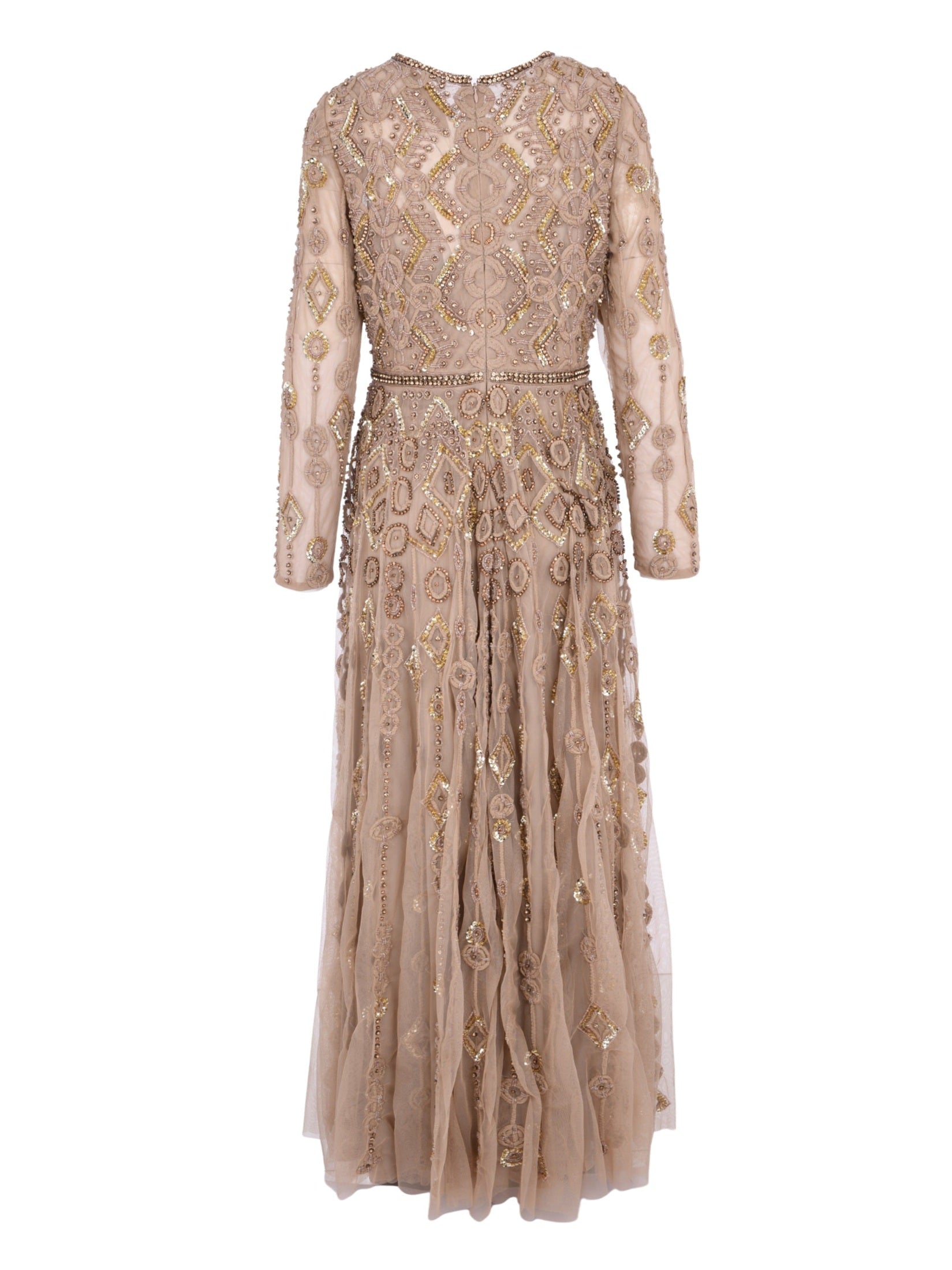 Long sleeve high neck embellished mesh gown