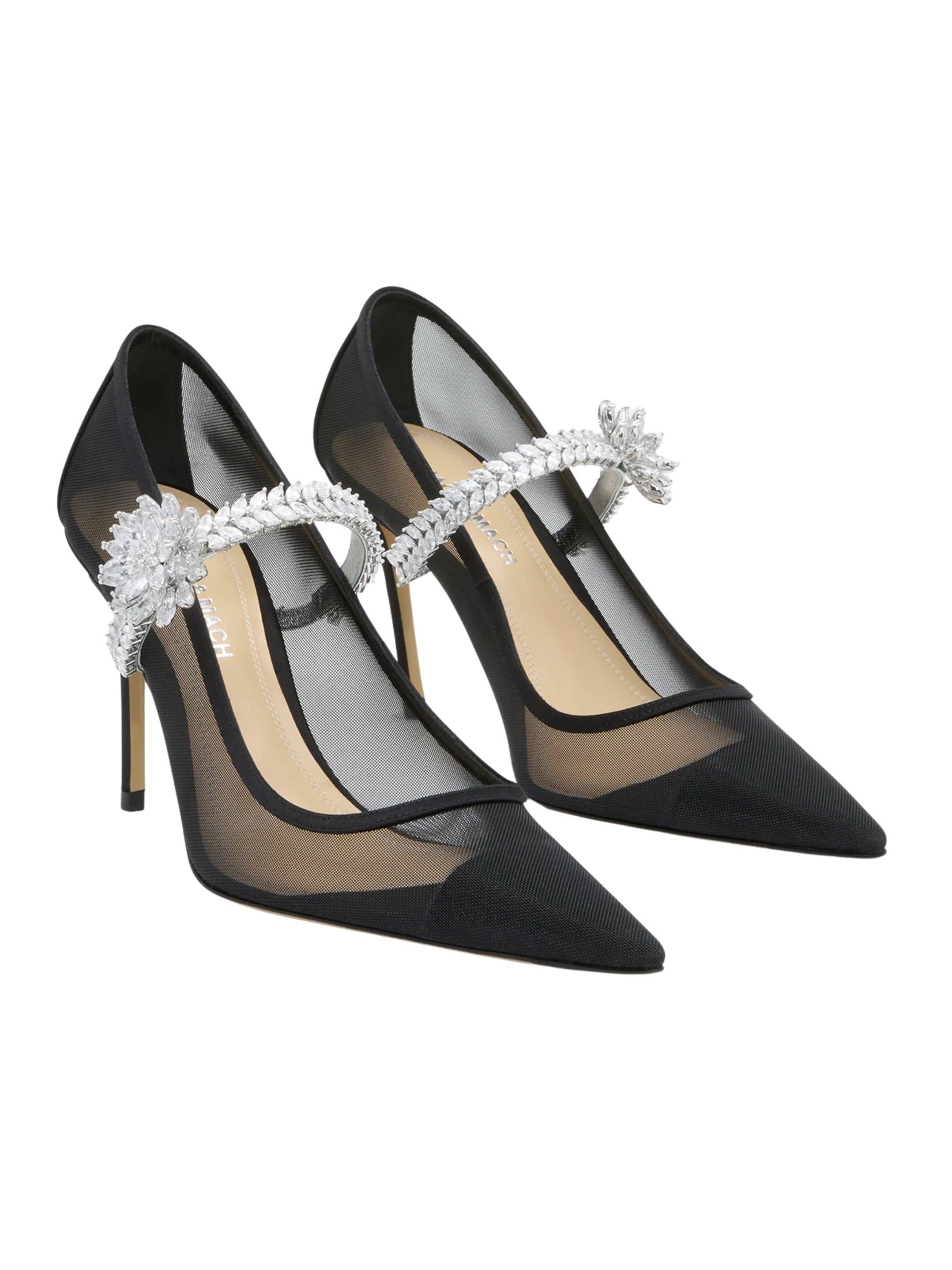 Lotus flower jewelled black mesh pumps (95mm)