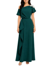 Green Hand-Embroidered Asymmetric Pleated-Sleeve Dress