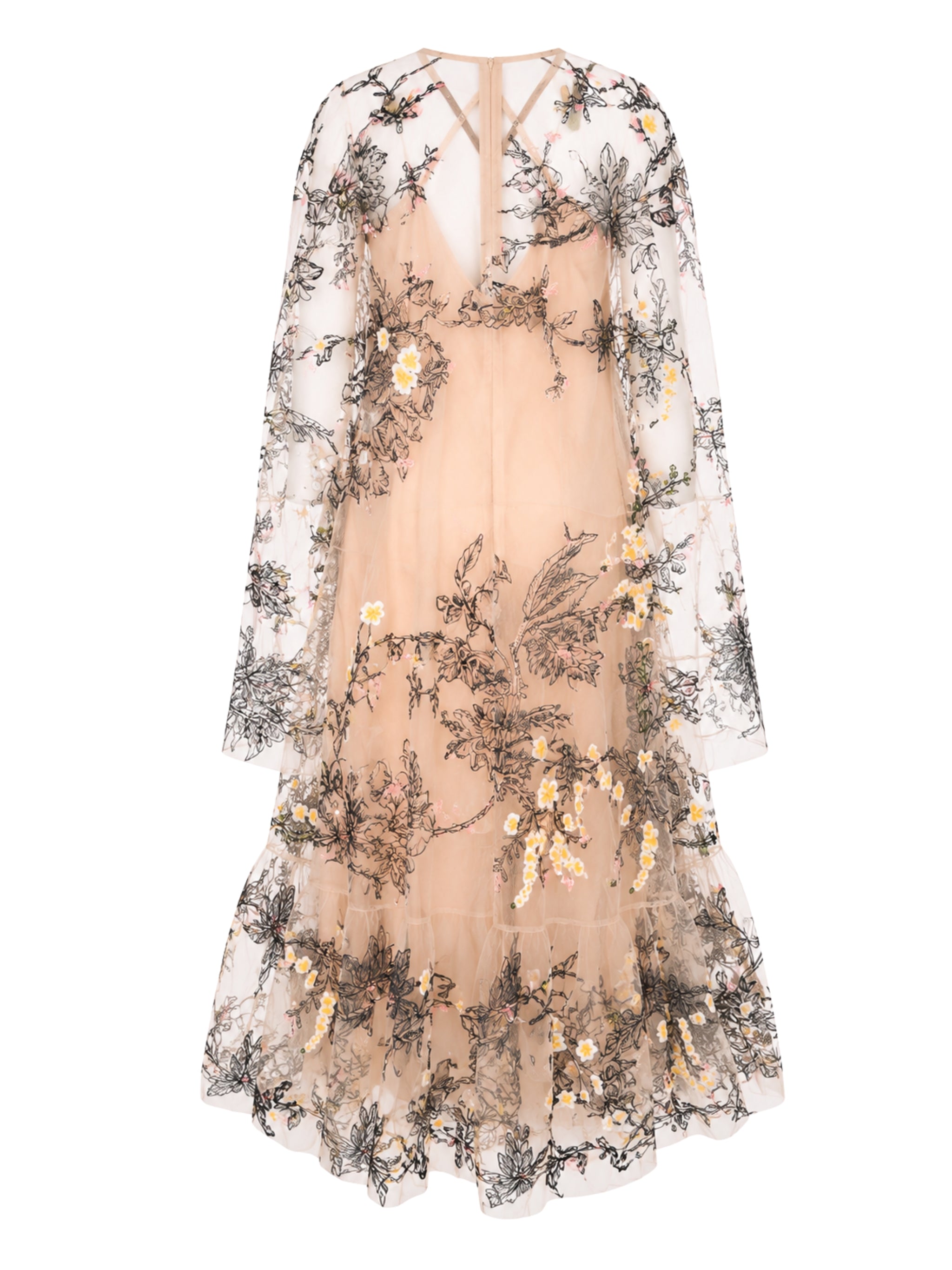 Galari embroidered and beaded tulle long cape dress