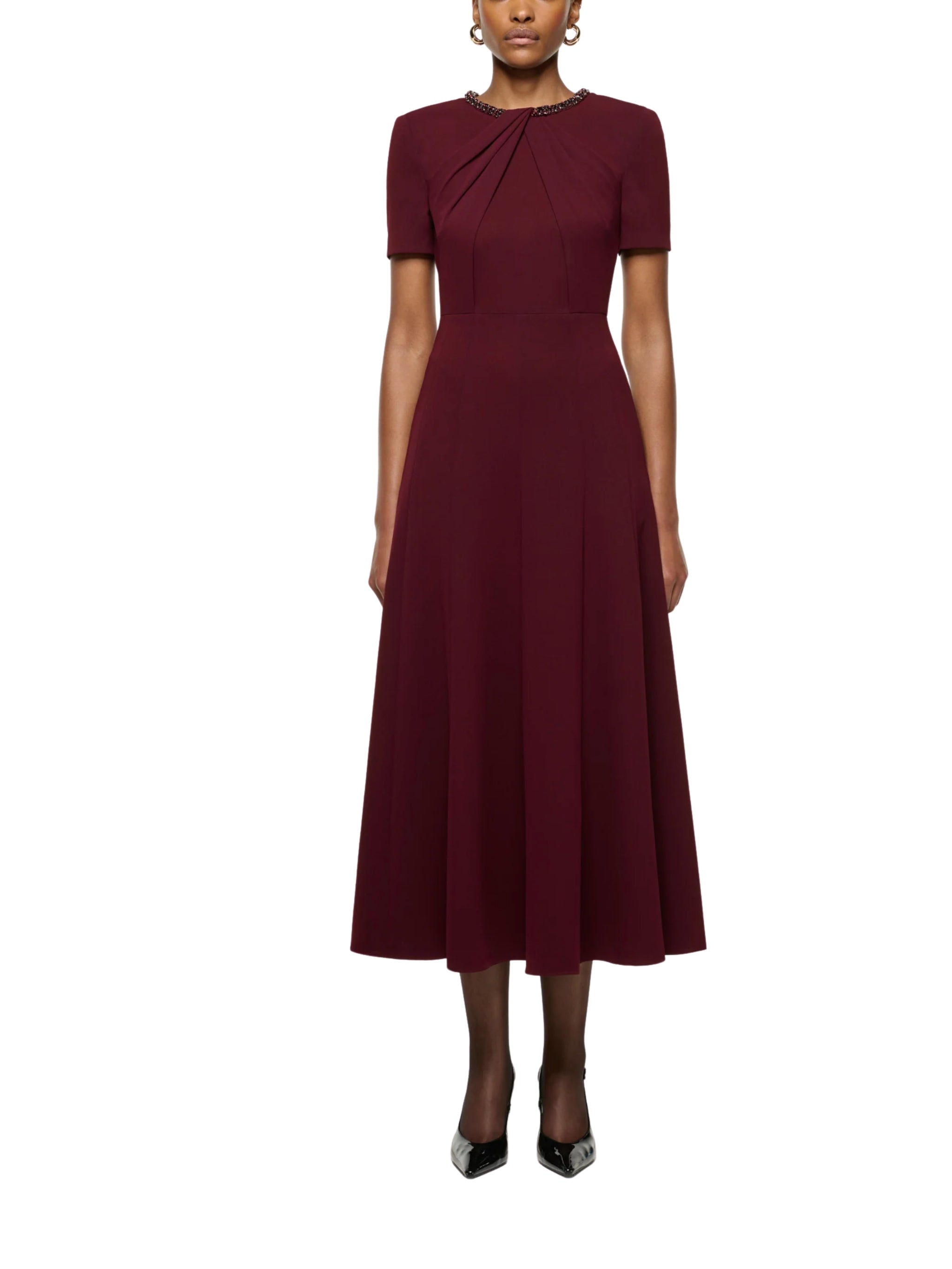 TWISTED DRAPE CRYSTAL TRIM NECKLINE DRESS